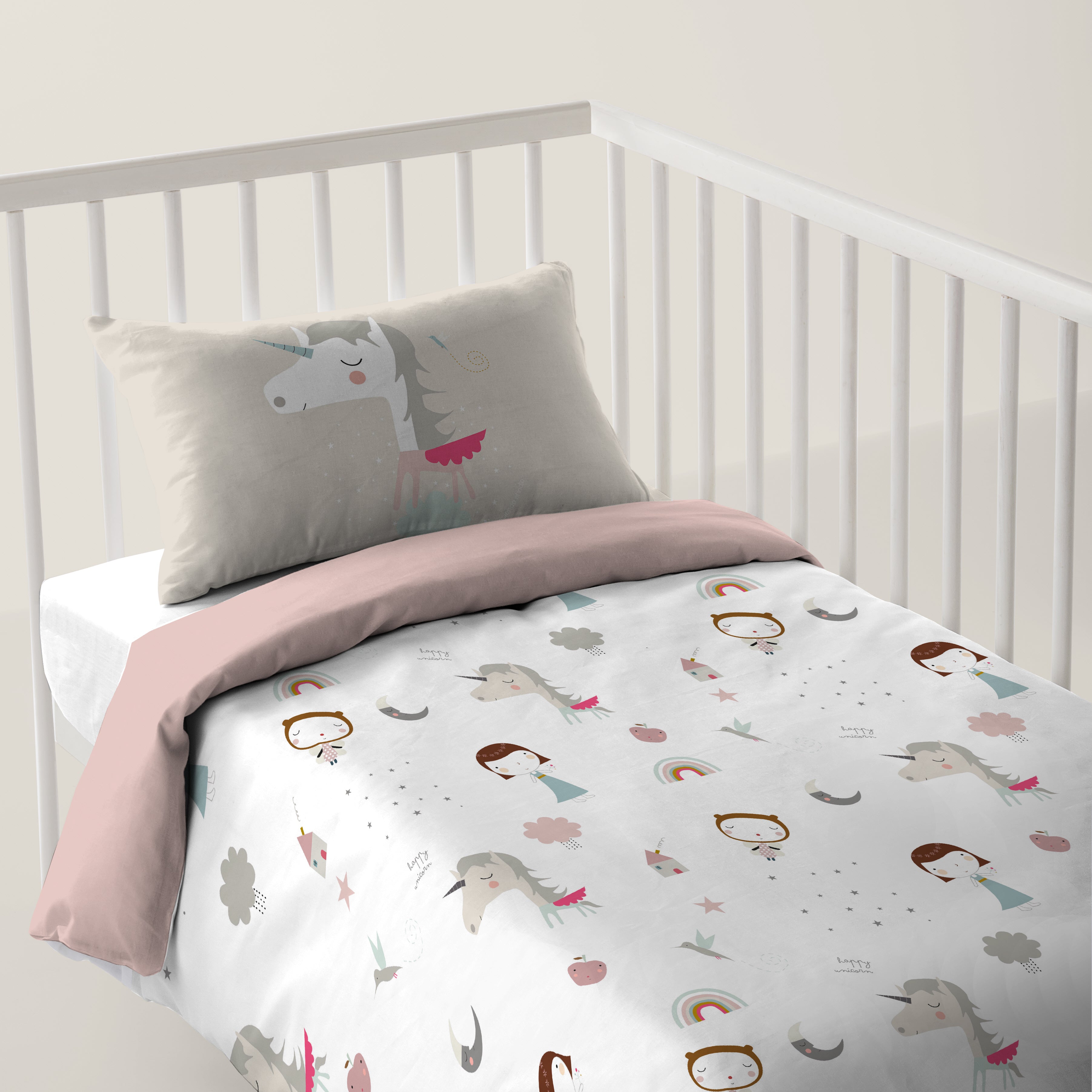 FUNDA NÓRDICA REVERSIBLE CUNA BEBÉ UNICORN PINK 100% ALGODÓN