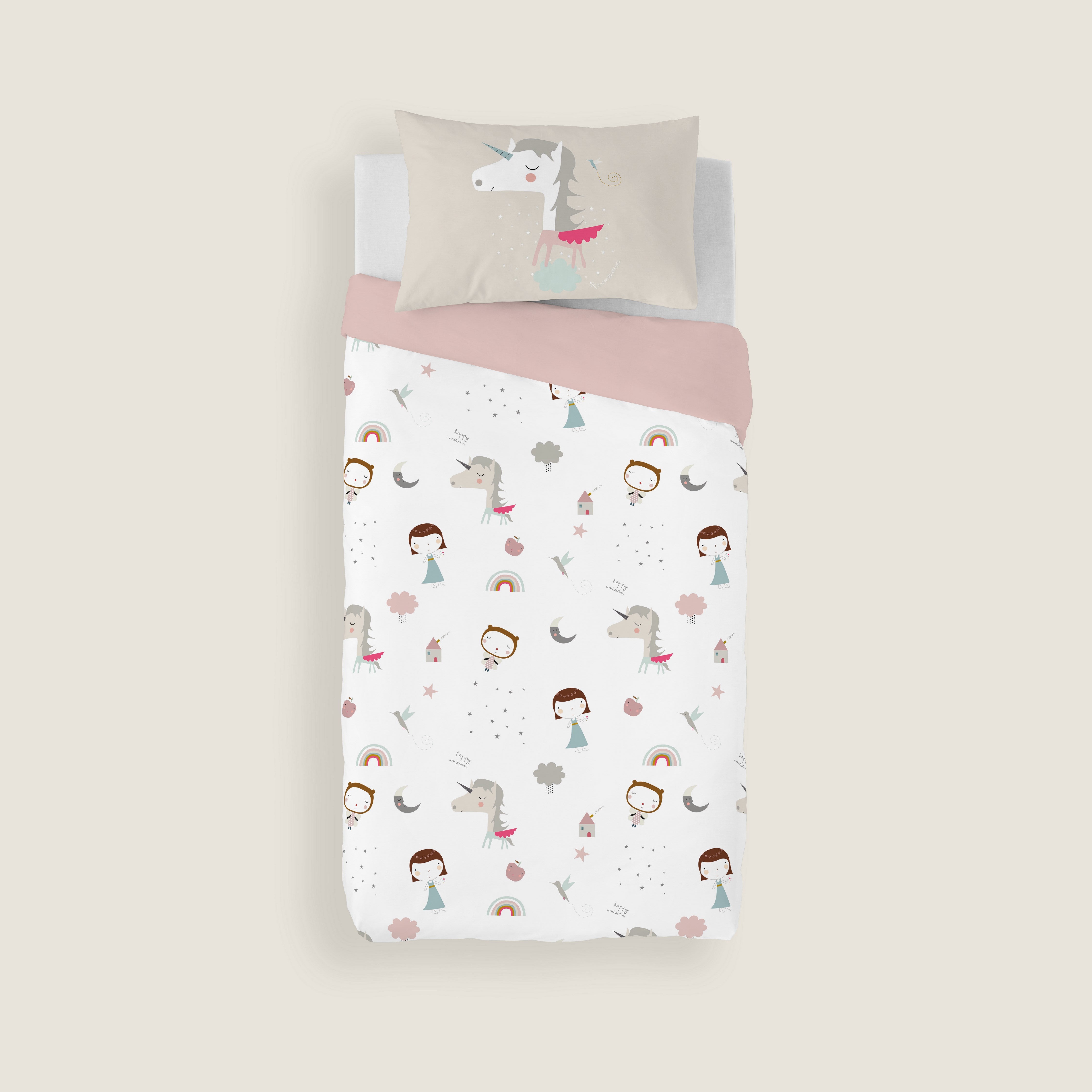 FUNDA NÓRDICA REVERSIBLE CUNA BEBÉ UNICORN PINK 100% ALGODÓN