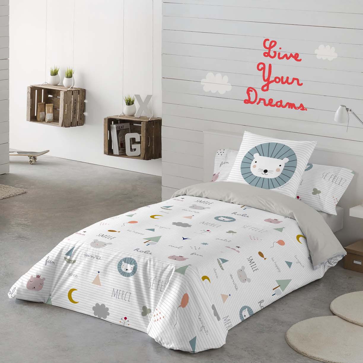 FUNDA NÓRDICA ESTAMPADA INFANTIL SE FELIZ 100% ALGODÓN