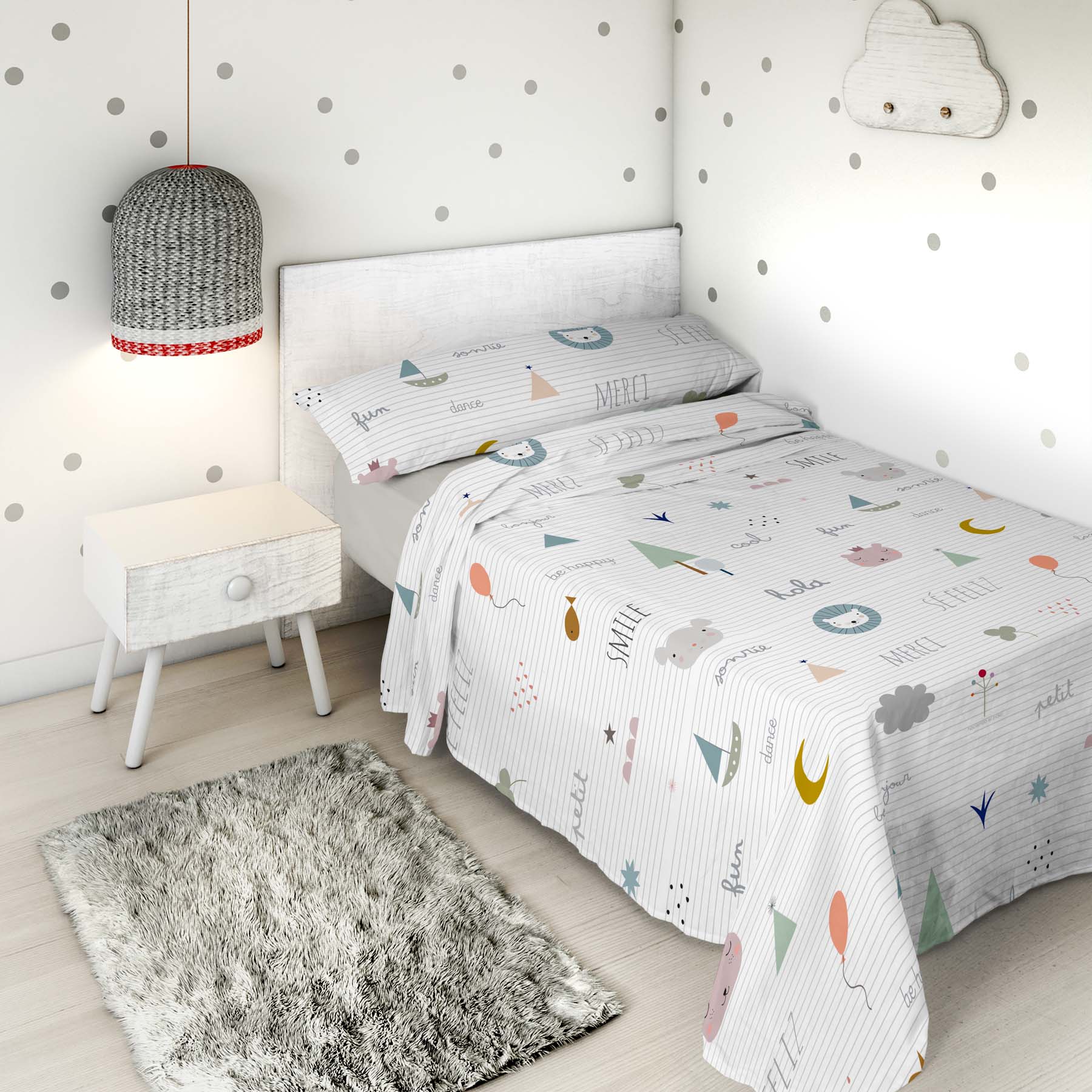 JUEGO SÁBANAS ESTAMPADAS INFANTIL SE FELIZ 100% ALGODÓN