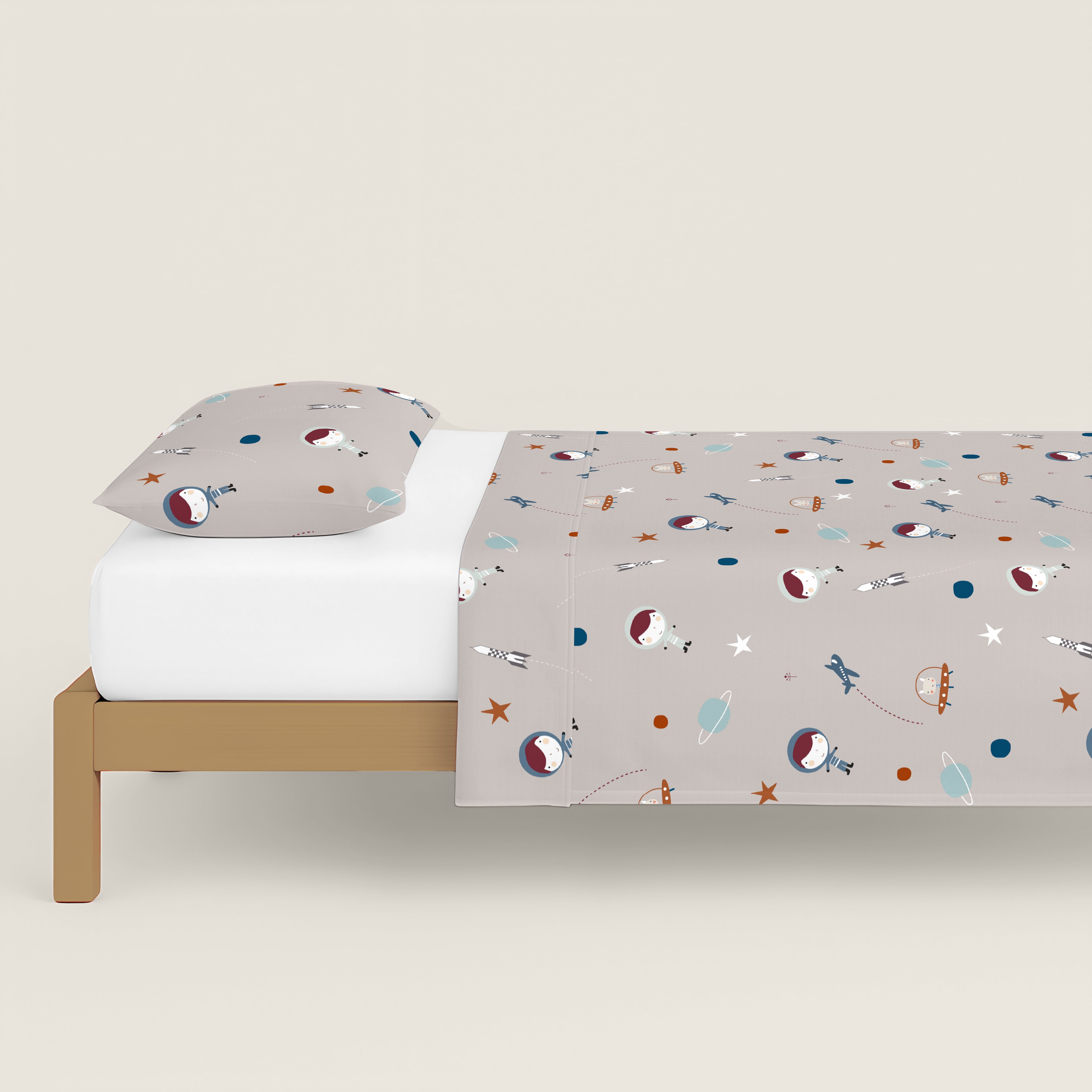 JUEGO SÁBANAS ESTAMPADAS INFANTIL PLANETA B 100% ALGODÓN