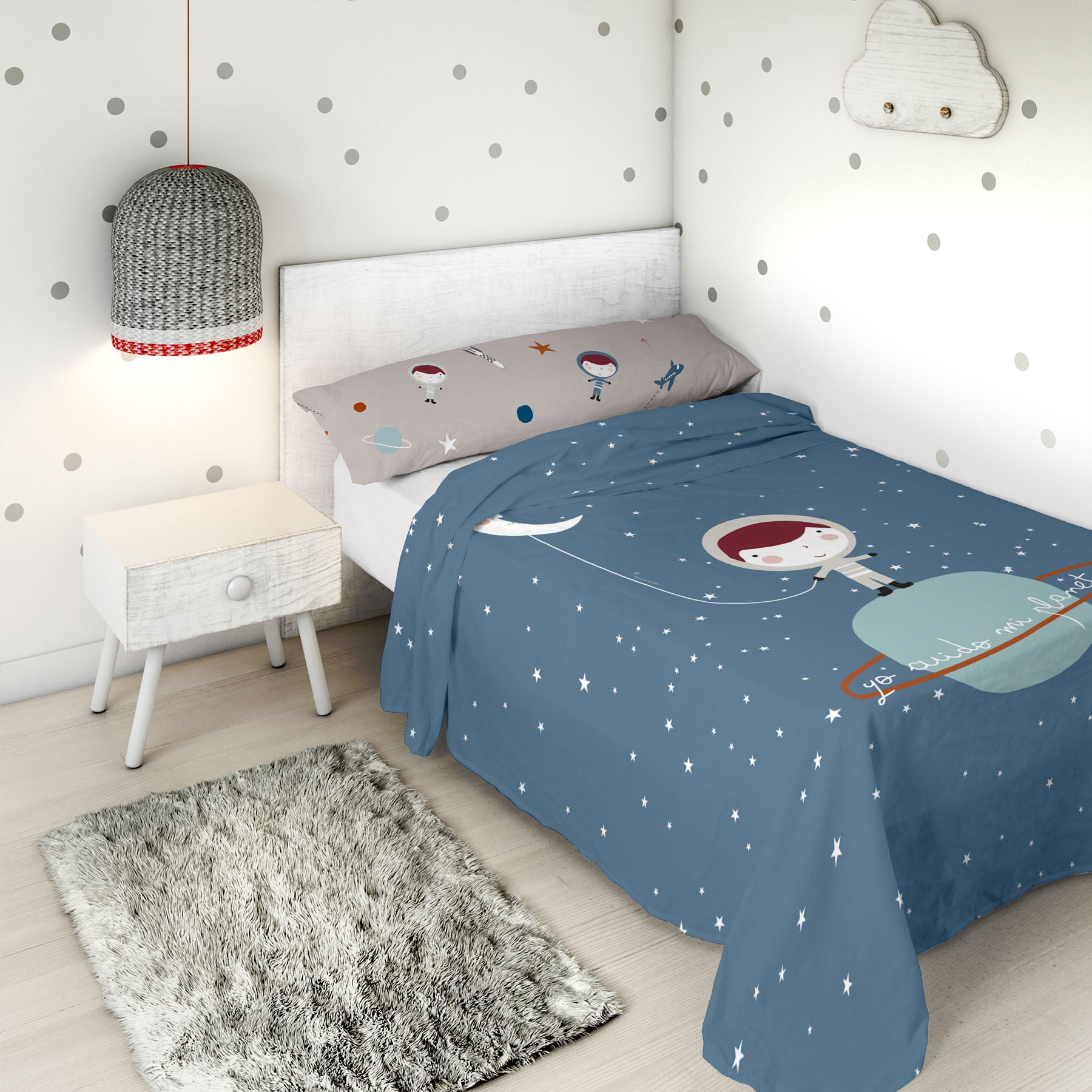 JUEGO SÁBANAS ESTAMPADAS INFANTIL PLANETA A 100% ALGODÓN