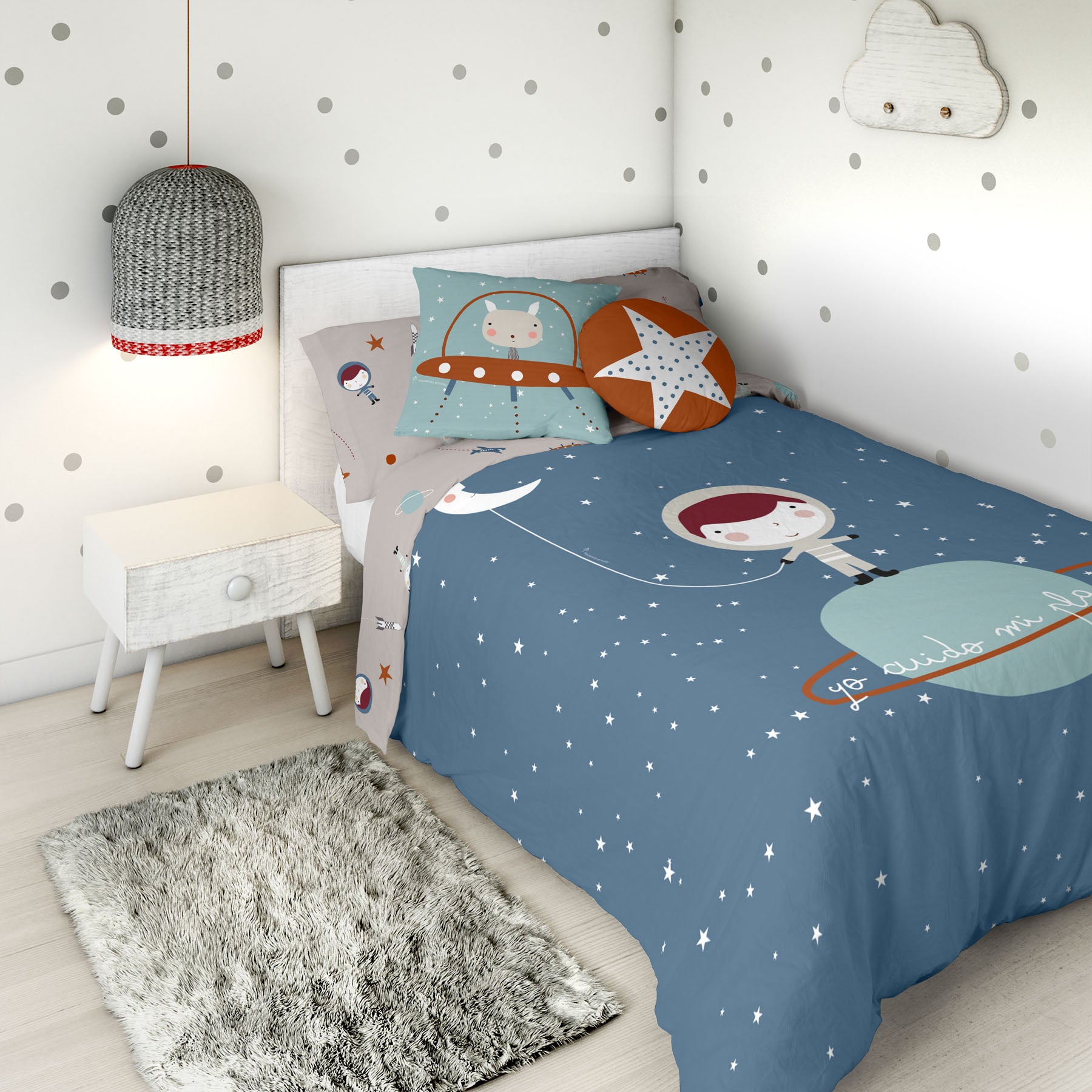 FUNDA NÓRDICA REVERSIBLE ESTAMPADA INFANTIL PLANETA 100% ALGODÓN