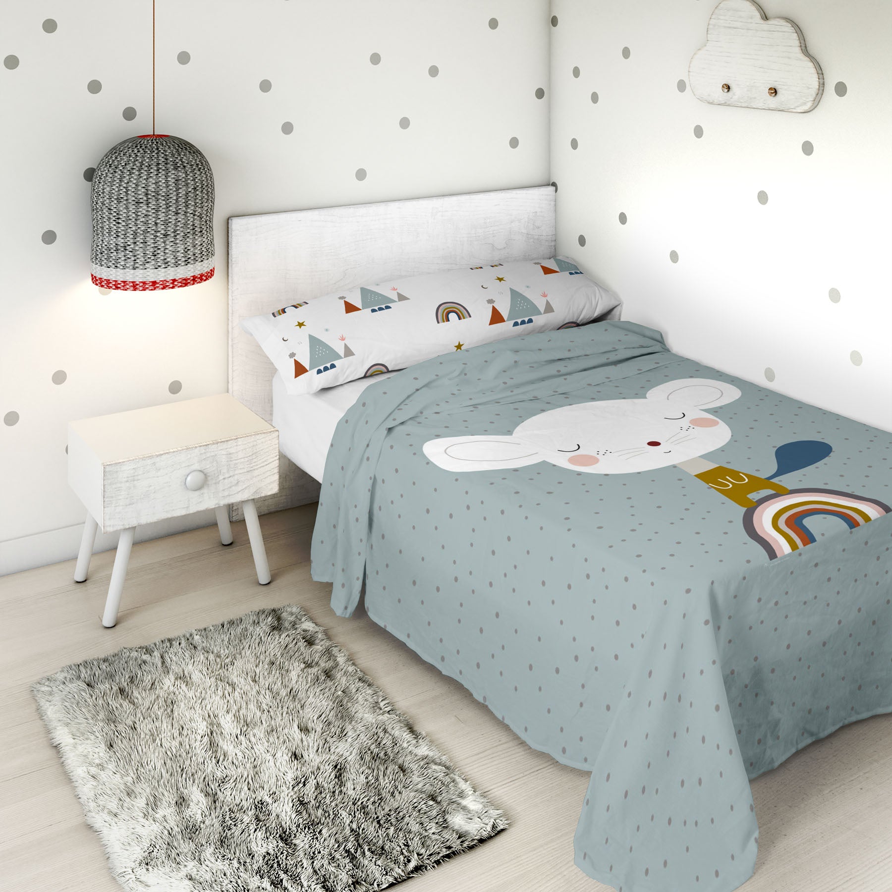 JUEGO SÁBANAS ESTAMPADAS INFANTIL SUSANITA AZUL A 100% ALGODÓN