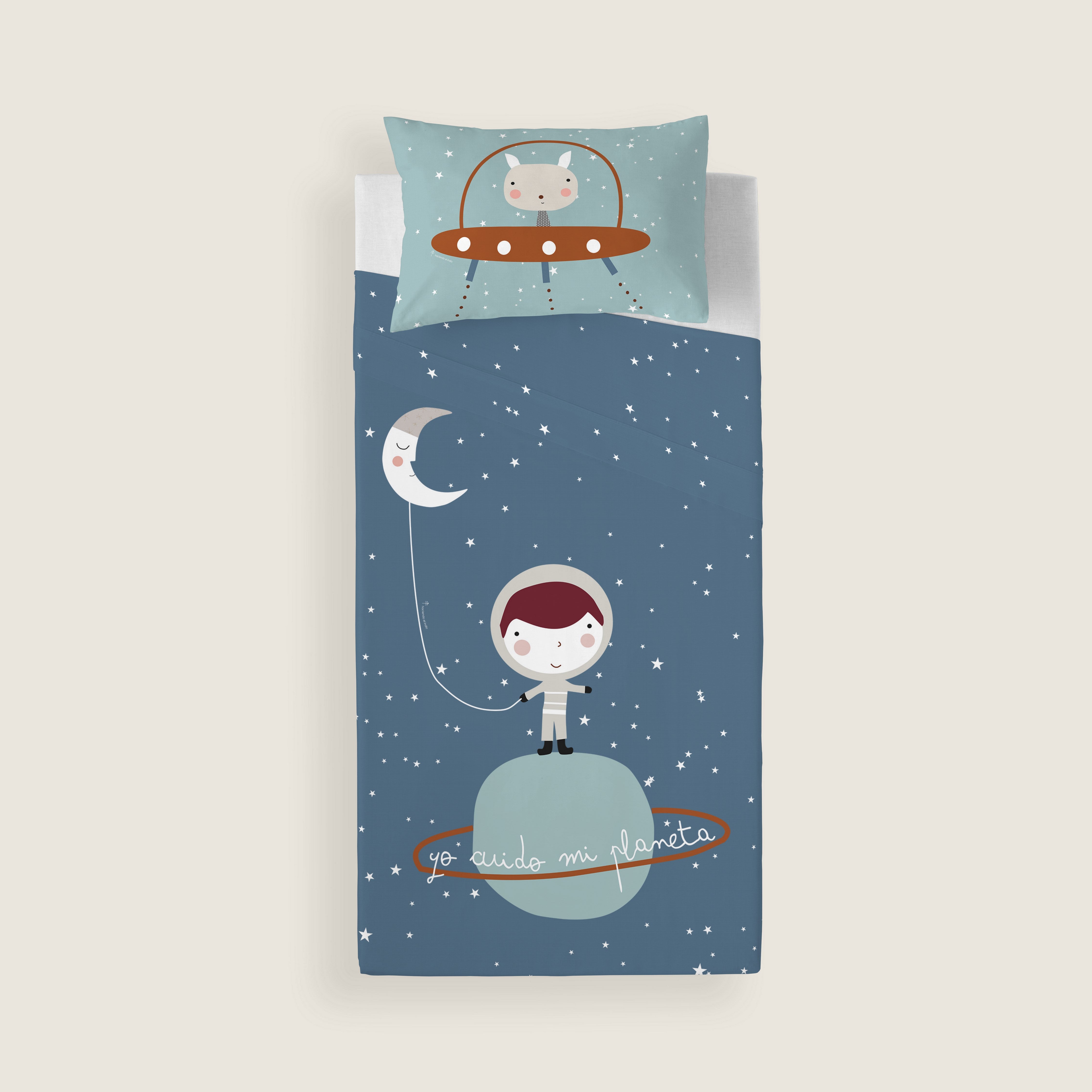 JUEGO DE SÁBANAS CUNA BEBÉ PLANETA A 100% ALGODÓN