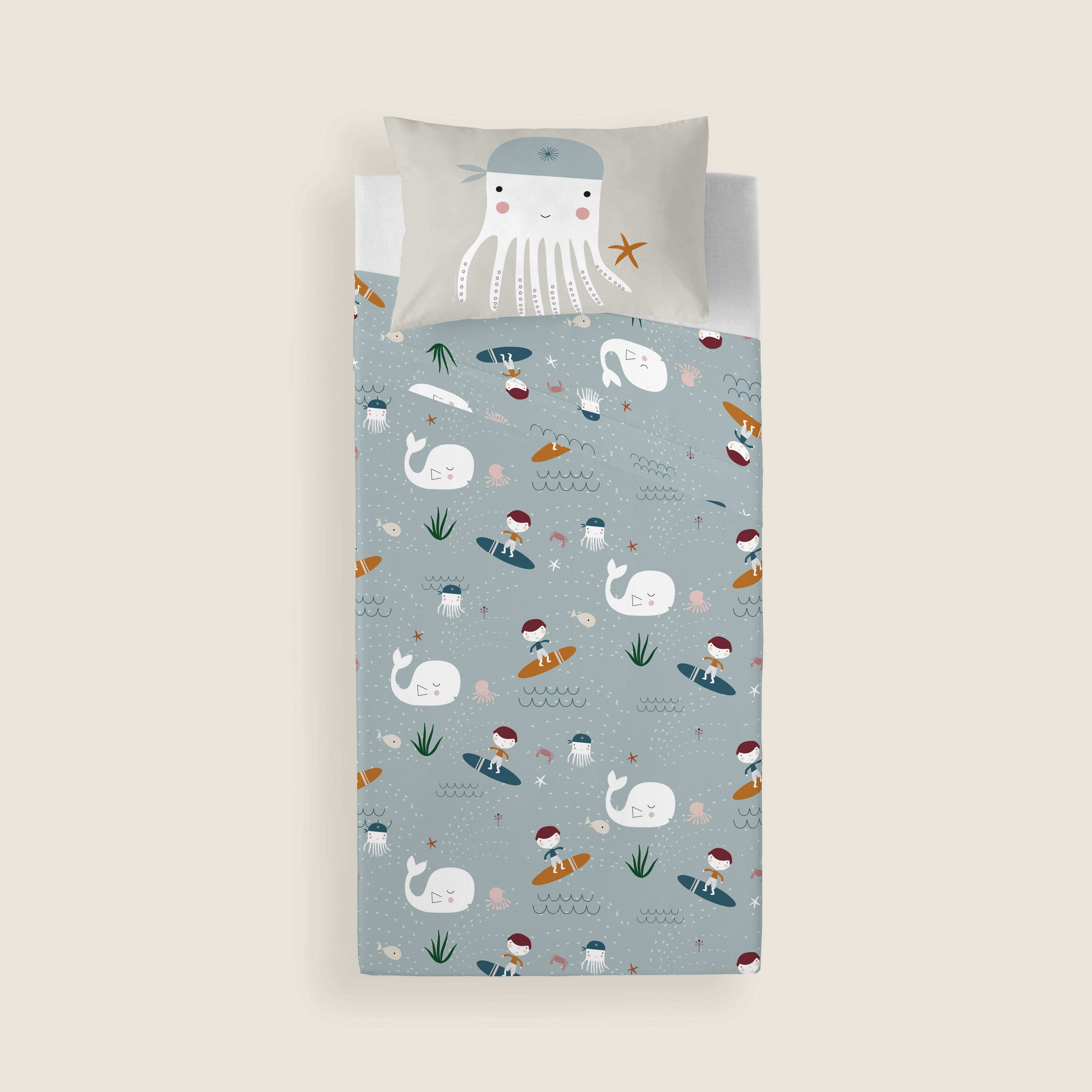 JUEGO DE SÁBANAS CUNA BEBÉ SURF B 100% ALGODÓN