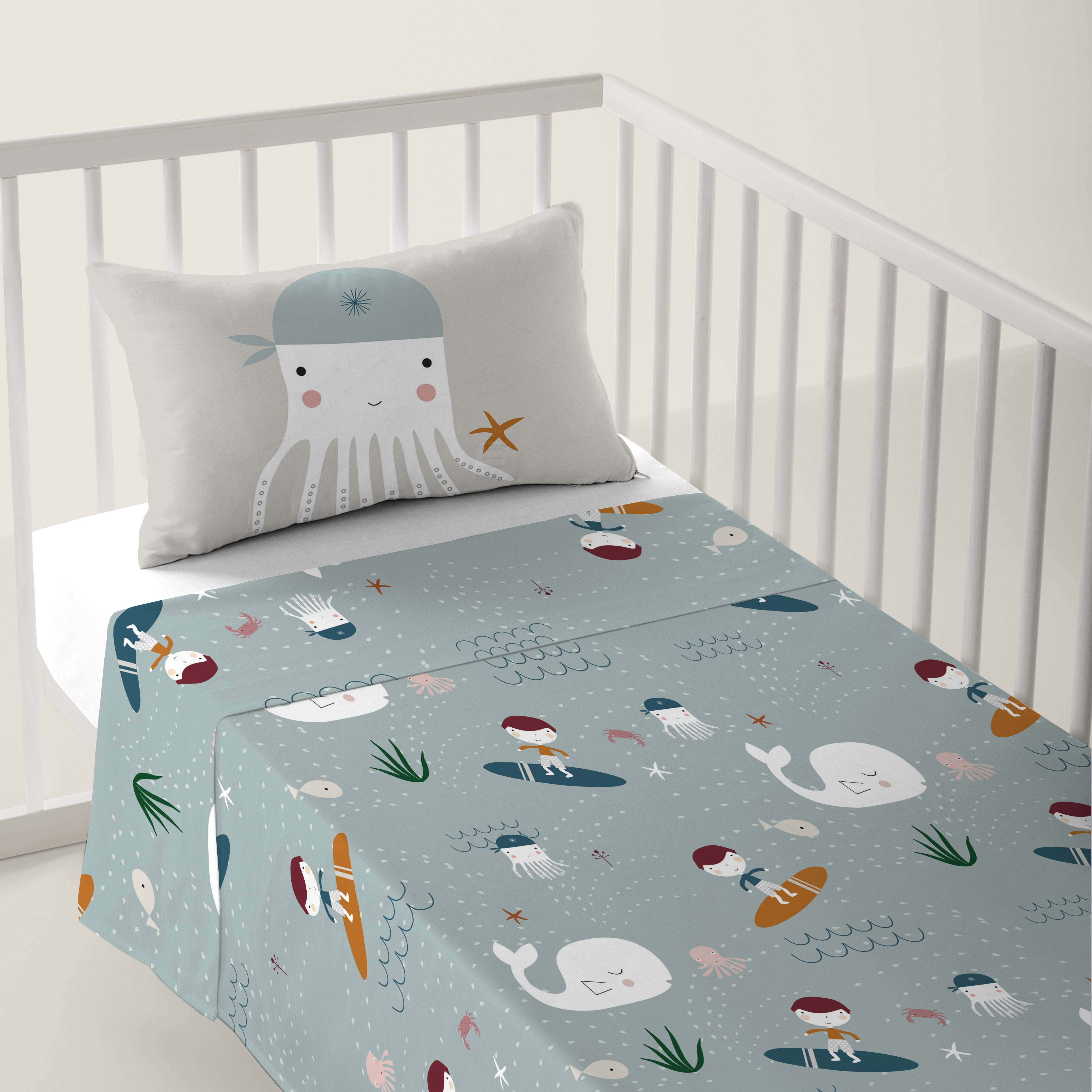 JUEGO DE SÁBANAS CUNA BEBÉ SURF B 100% ALGODÓN