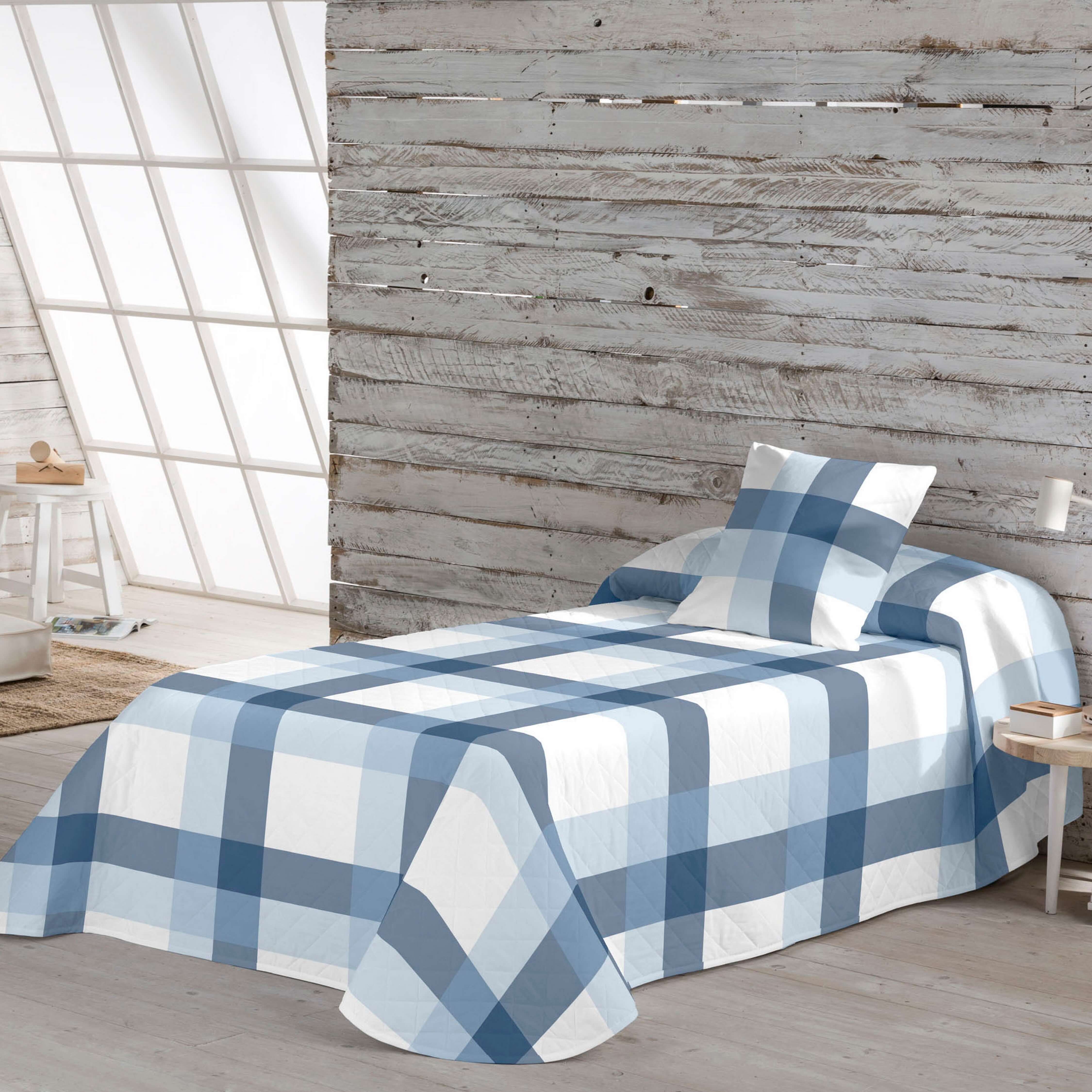 COLCHA BOUTI ESTAMPADA ESCOCES AZUL-BLANCO 100% ALGODÓN