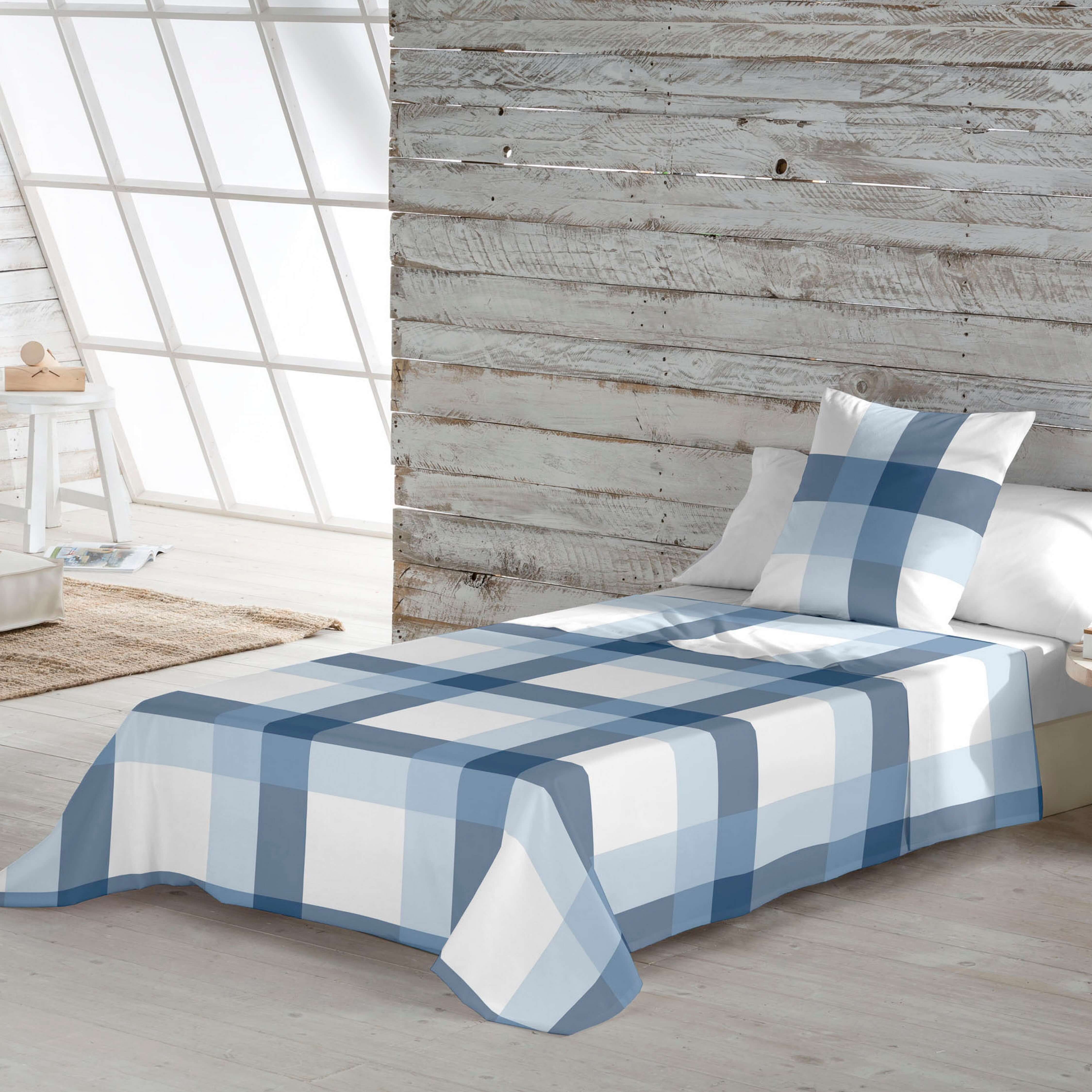 JUEGO SÁBANAS ESTAMPADAS ESCOCES AZUL-BLANCO 100% ALGODÓN