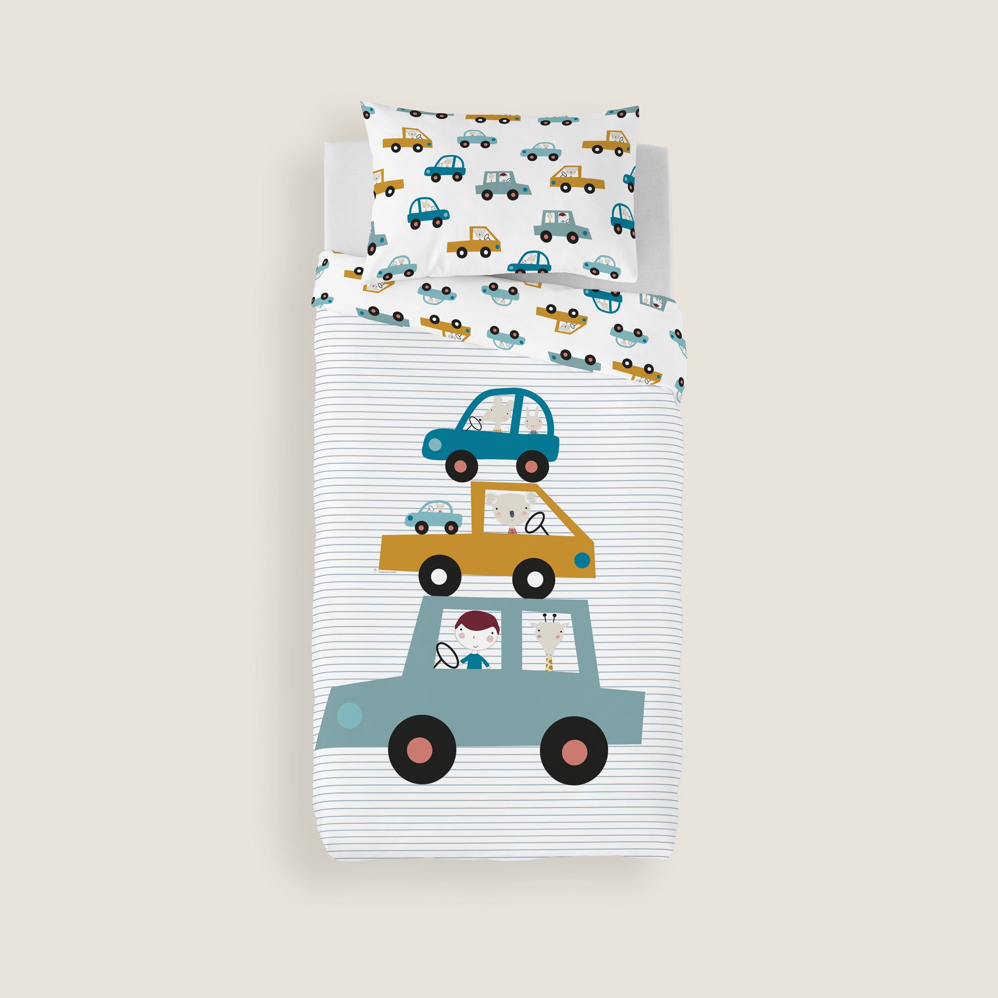 COPRIPIUMINO REVERSIBILE STAMPATO PER BAMBINI AUTO 100% COTONE