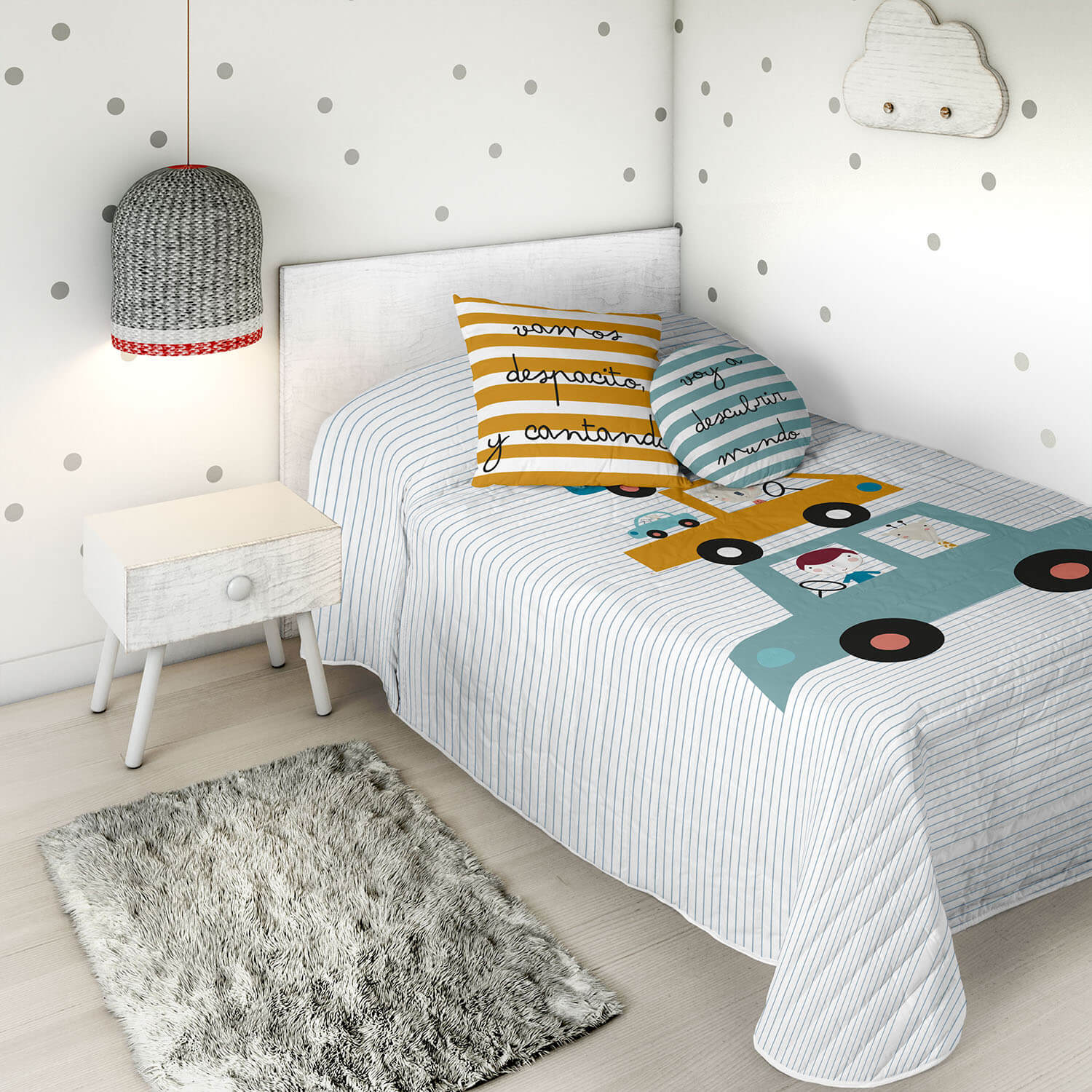 COLCHA BOUTI REVERSIBLE ESTAMPADA INFANTIL COCHES 100% ALGODÓN