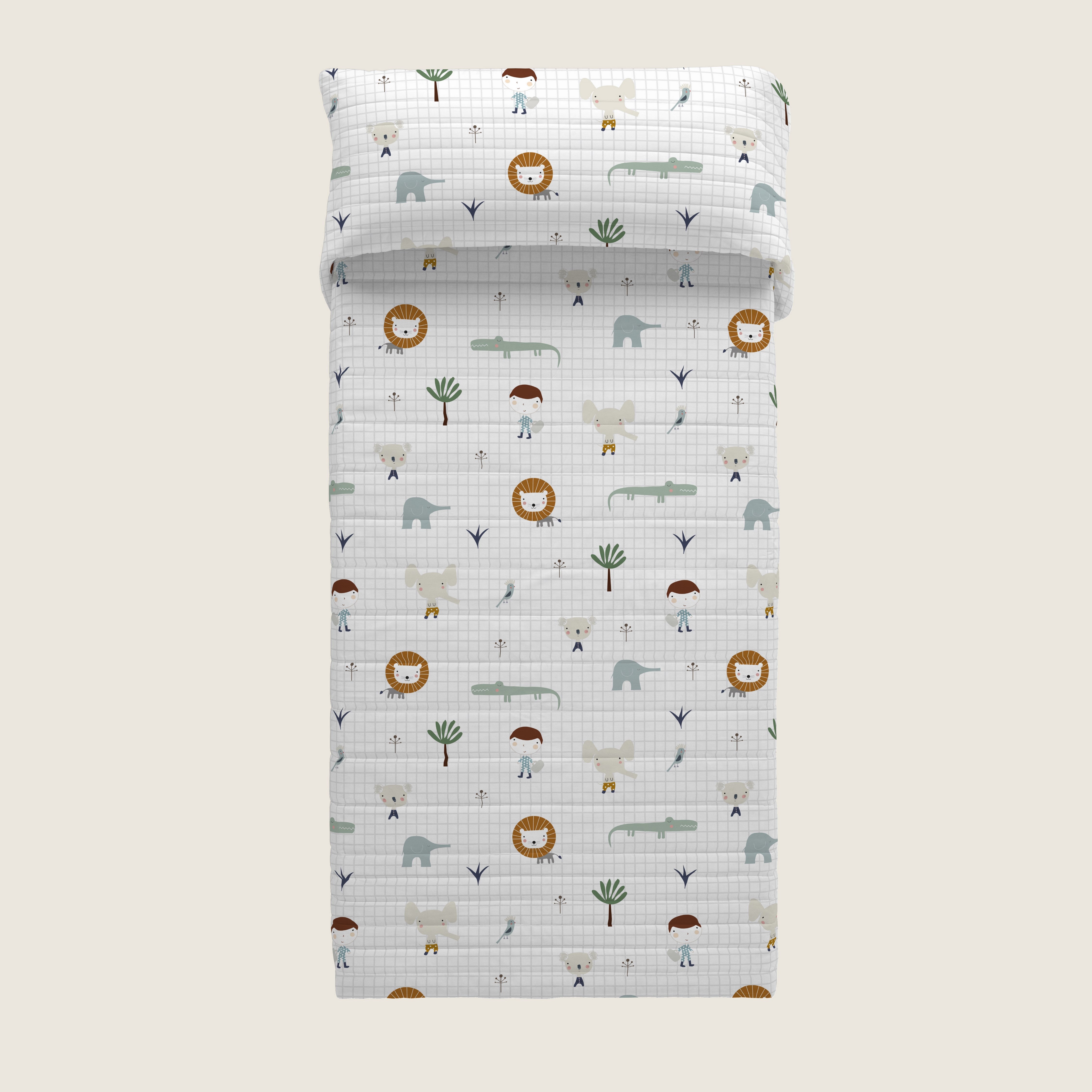 COLCHA BOUTI REVERSIBLE ESTAMPADA INFANTIL JUNGLA NIÑO  100% ALGODÓN