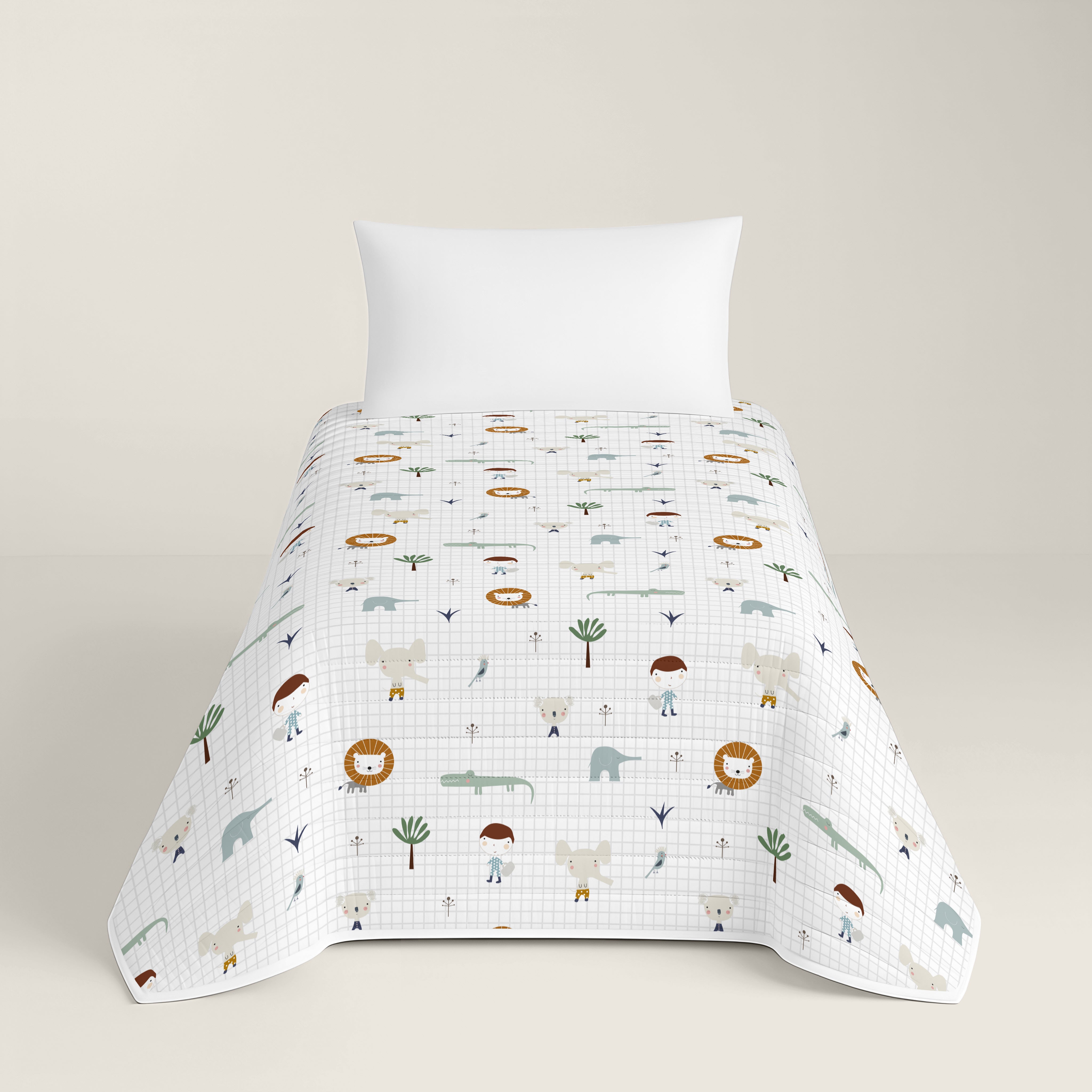 COLCHA BOUTI REVERSIBLE ESTAMPADA INFANTIL JUNGLA NIÑO  100% ALGODÓN