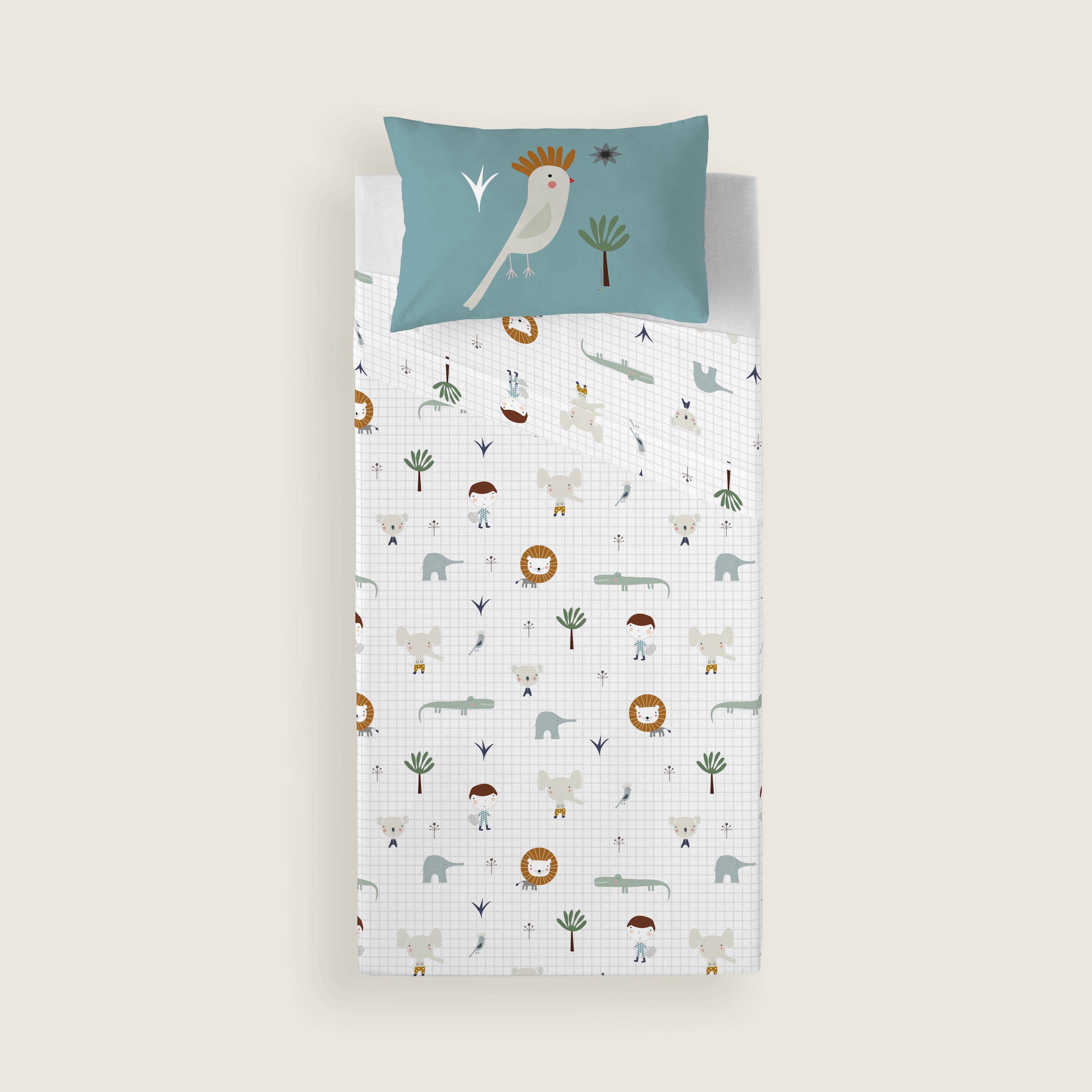 JUEGO DE SÁBANAS CUNA BEBÉ JUNGLA NIÑO B 100% ALGODÓN