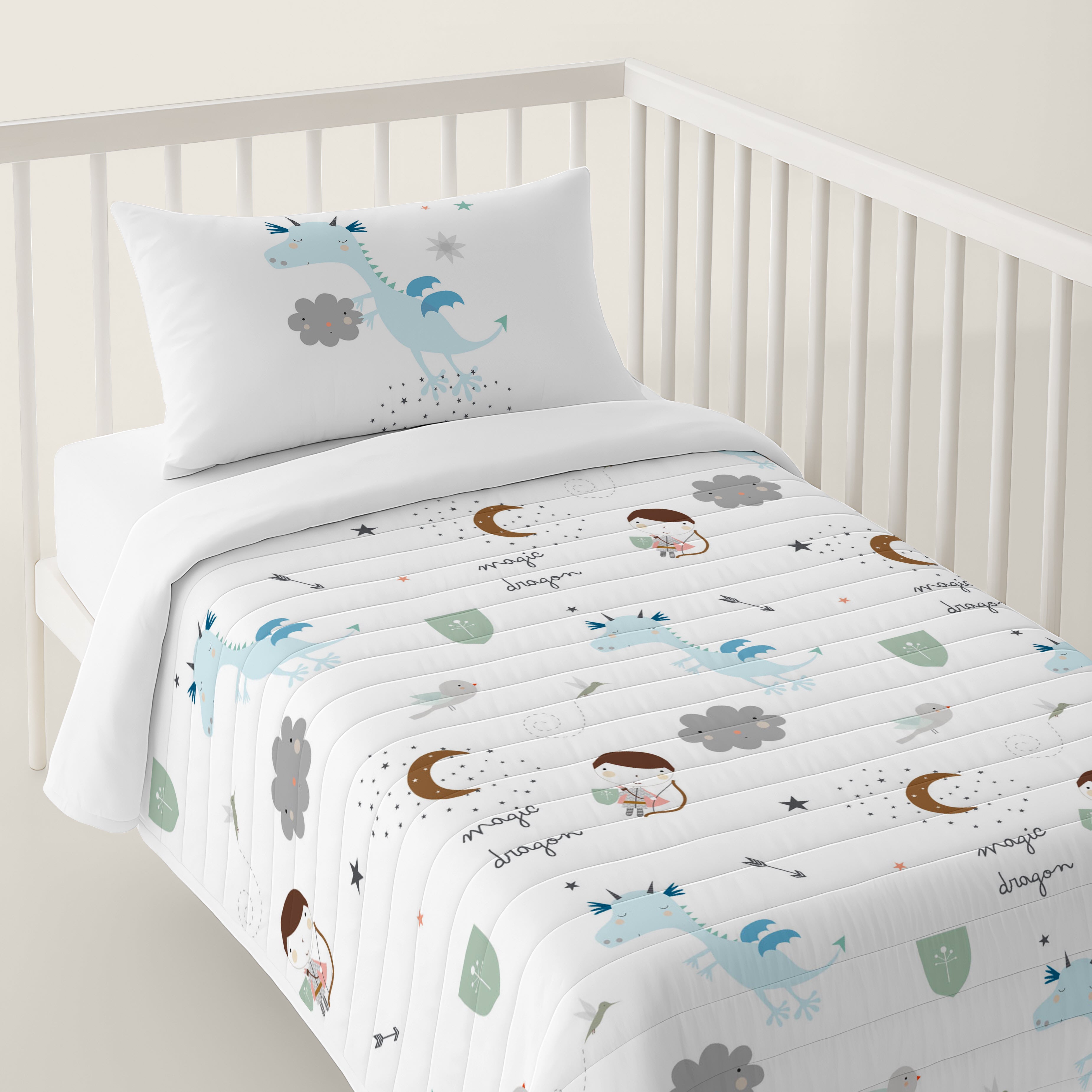 COLCHA BOUTI REVERSIBLE ESTAMPADA BEBÉ CUNA MAGIC DRAGON 100% ALGODÓN