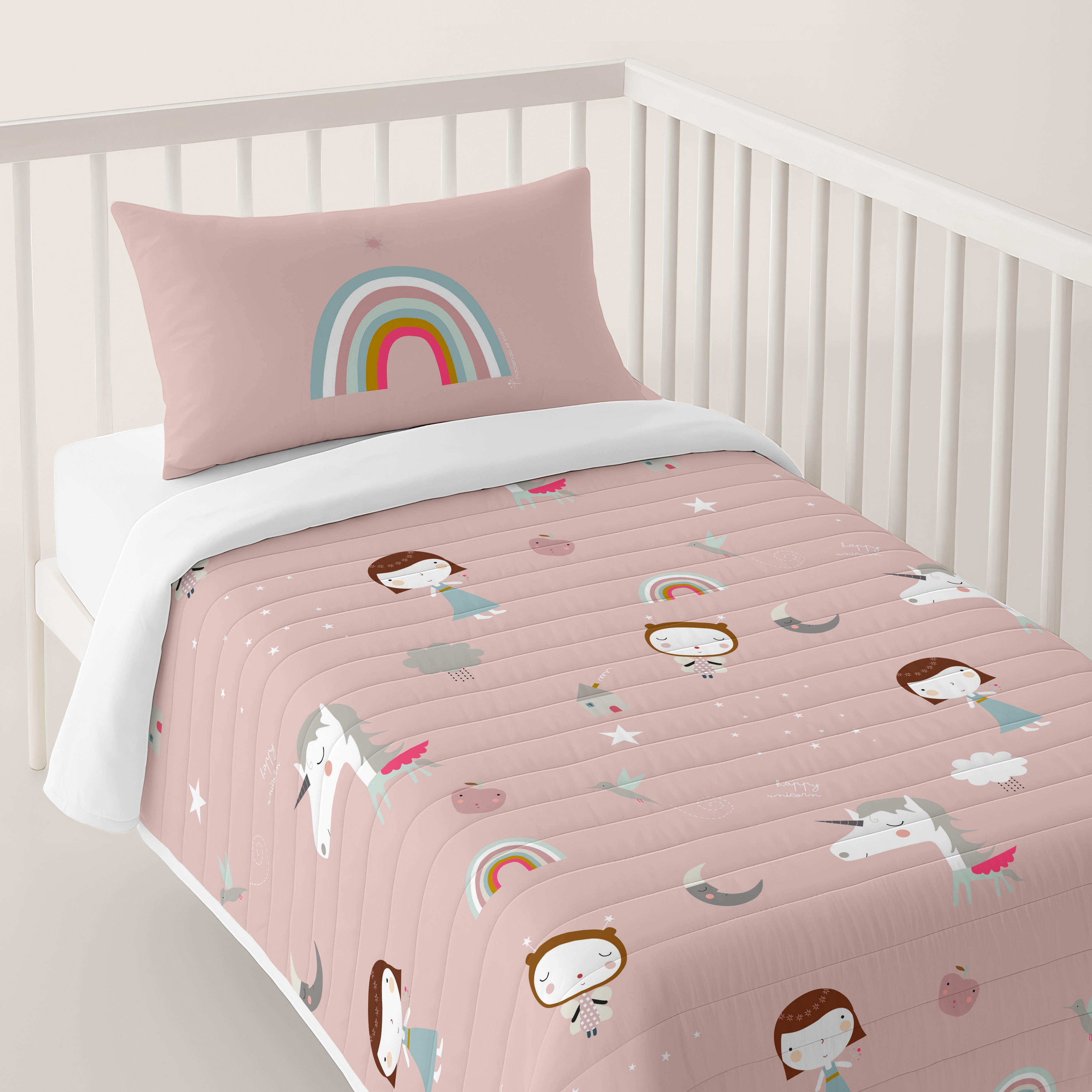 COLCHA BOUTI REVERSIBLE ESTAMPADA BEBÉ CUNA UNICORN WHITE 100% ALGODÓN