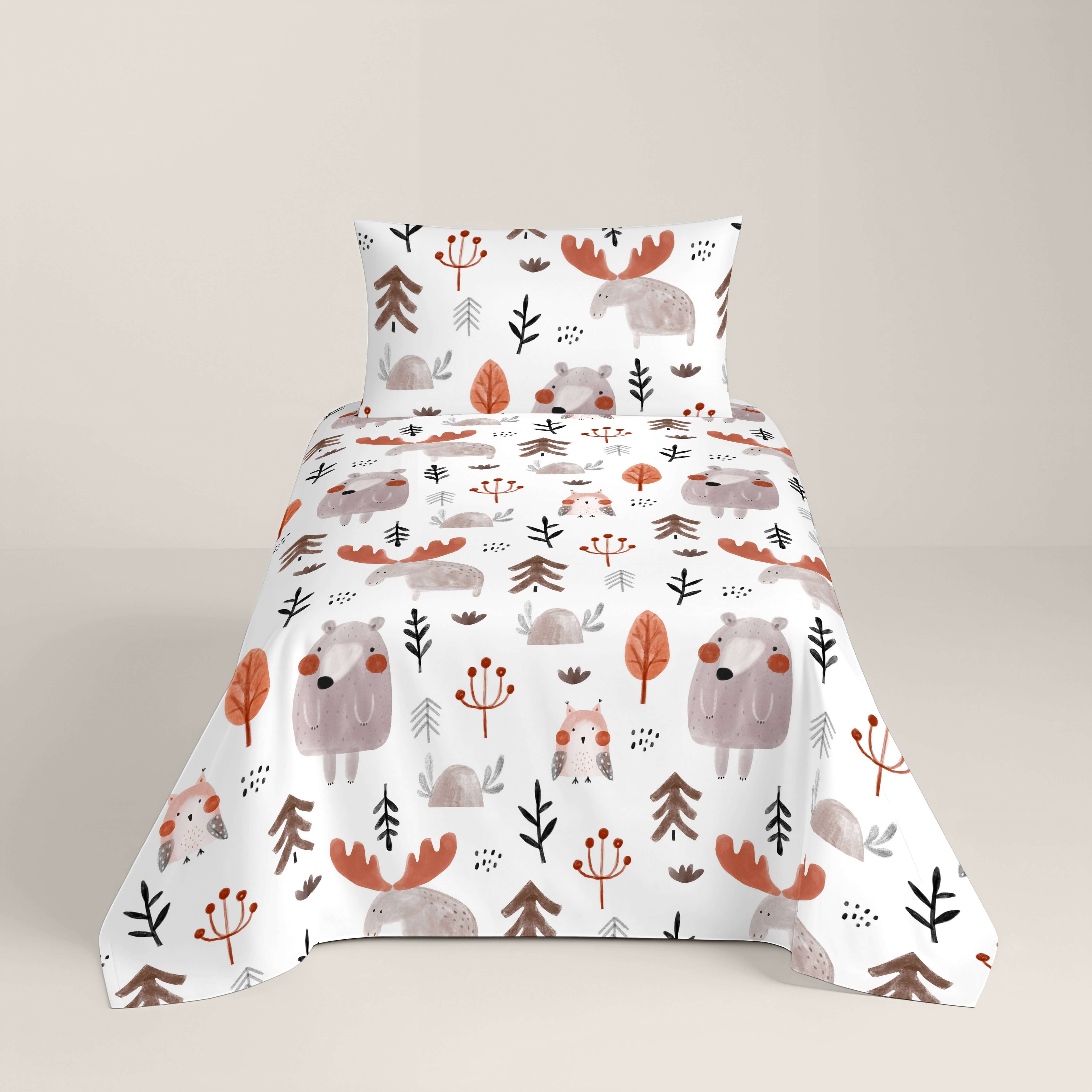 SET LENZUOLA STAMPATE PER BAMBINI WILD FOREST 100% COTONE