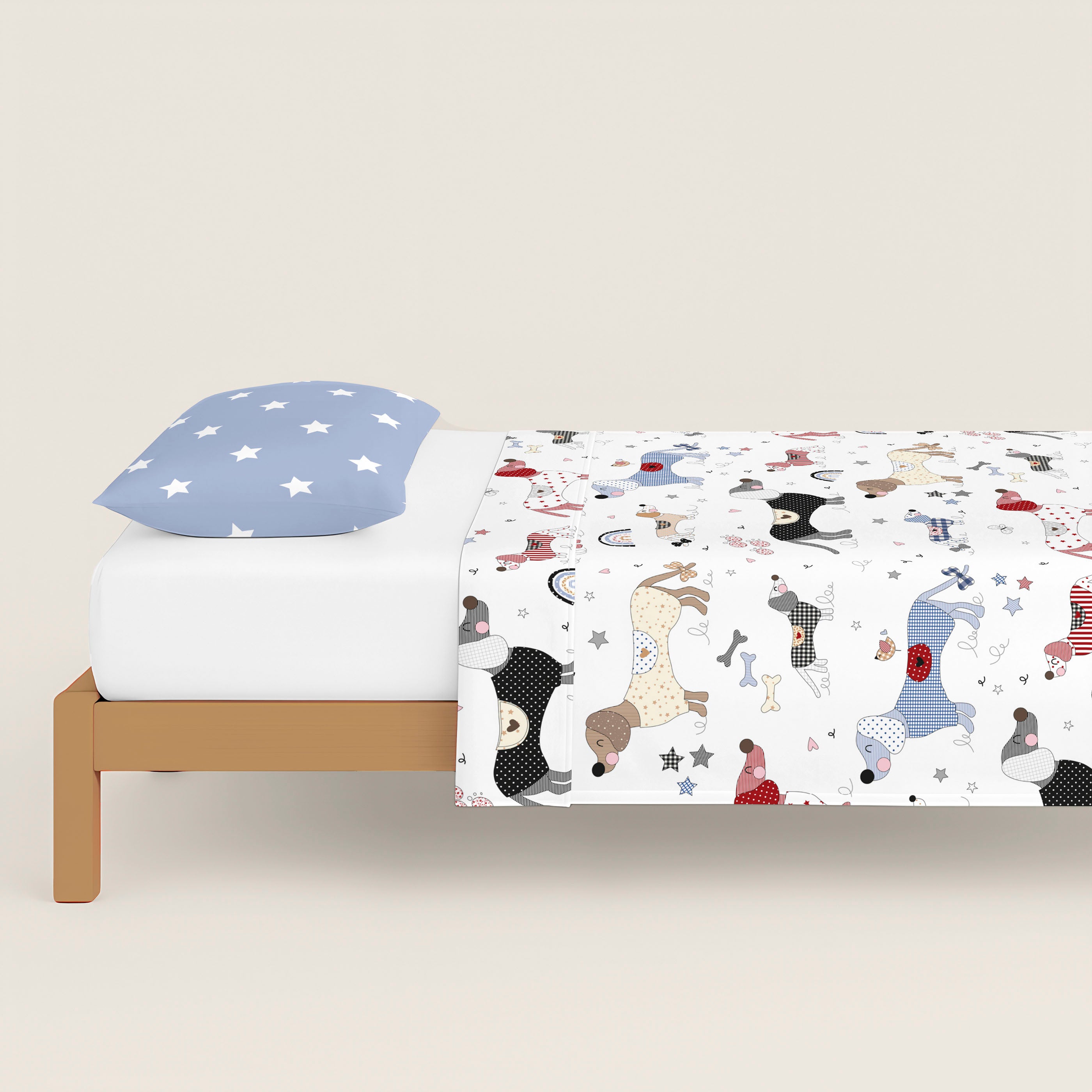 JUEGO SÁBANAS ESTAMPADAS INFANTIL DOGGY PATCH 100% ALGODÓN