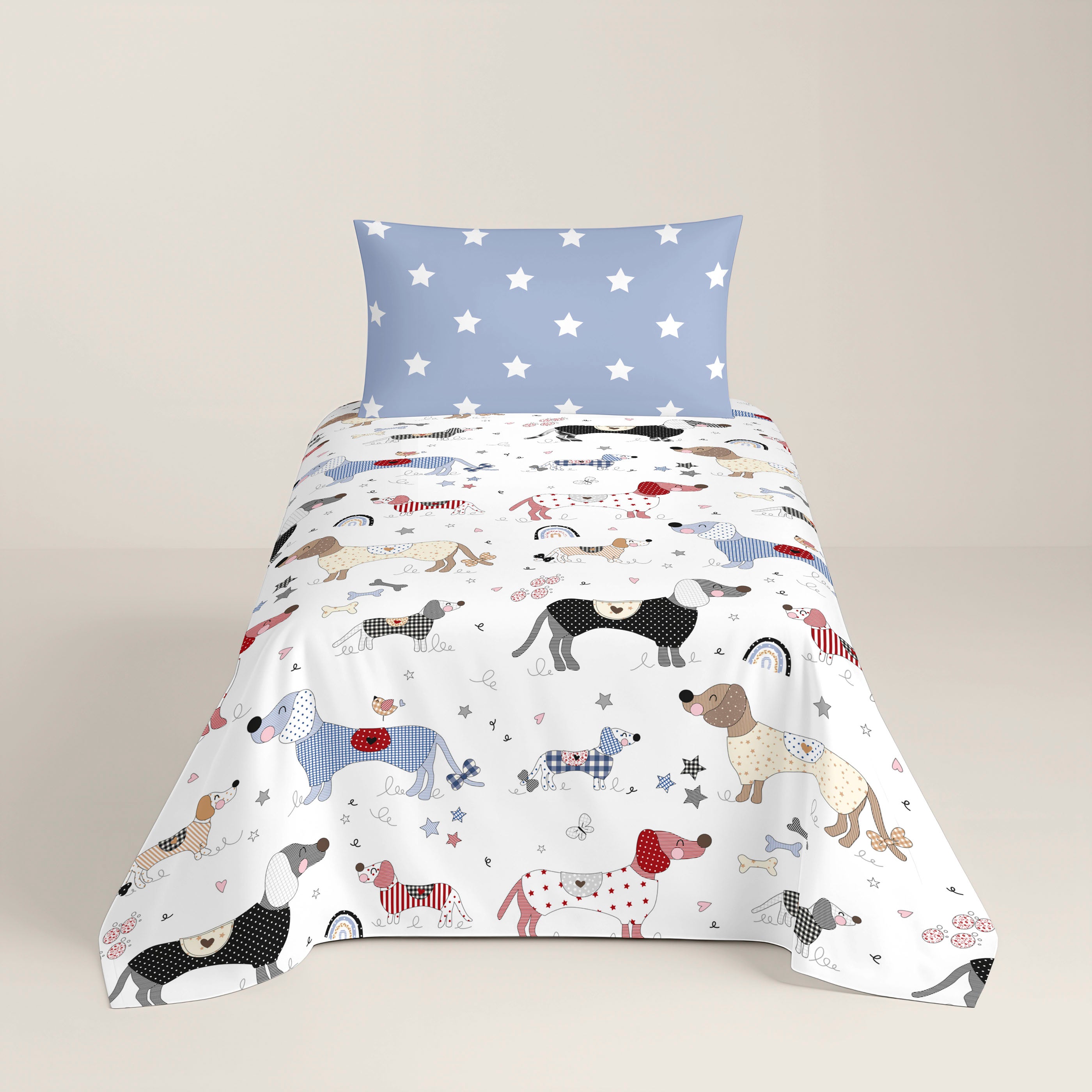 JUEGO SÁBANAS ESTAMPADAS INFANTIL DOGGY PATCH 100% ALGODÓN