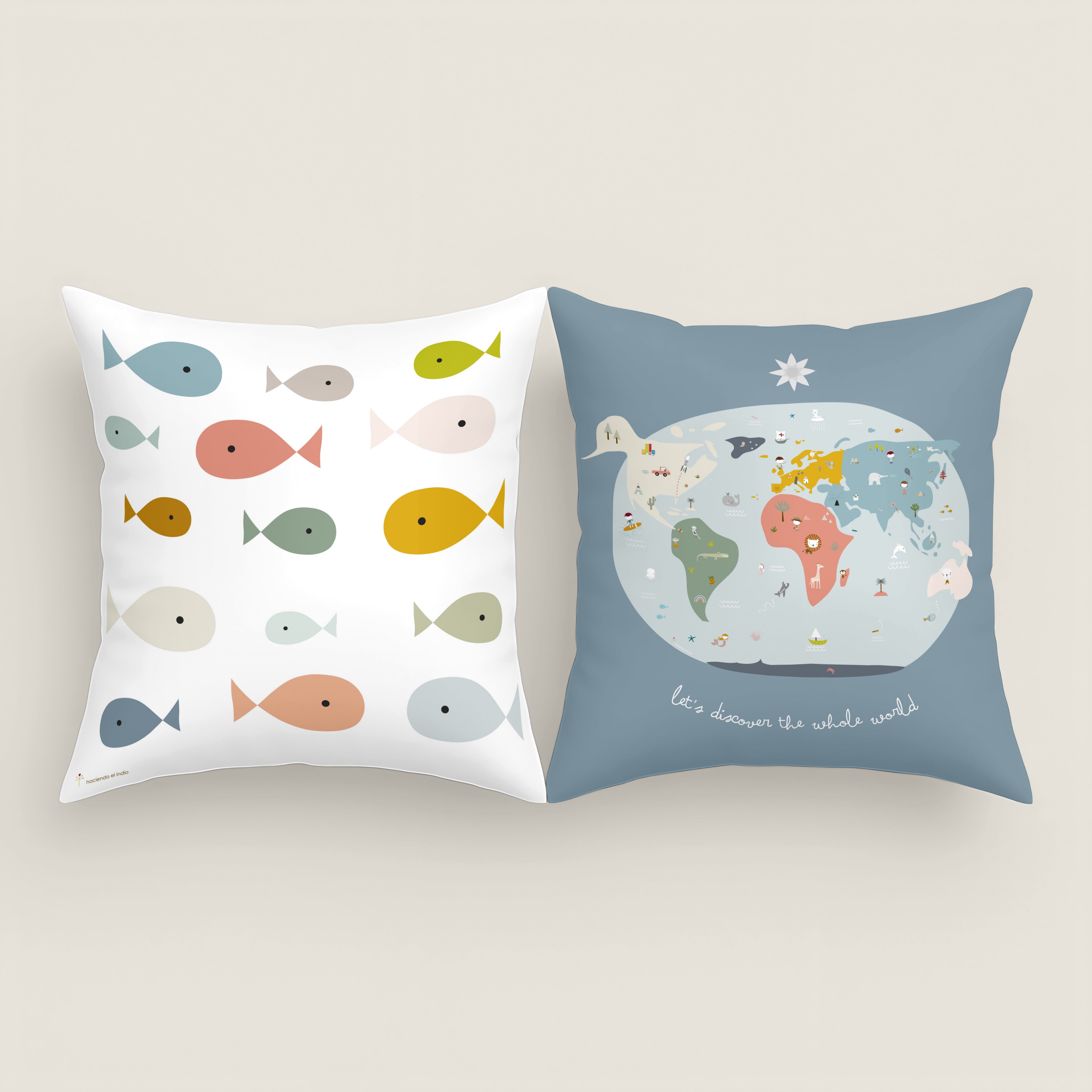 FUNDA DE COJÍN INFANTIL ESTAMPADO MAPAMUNDI 100% ALGODÓN