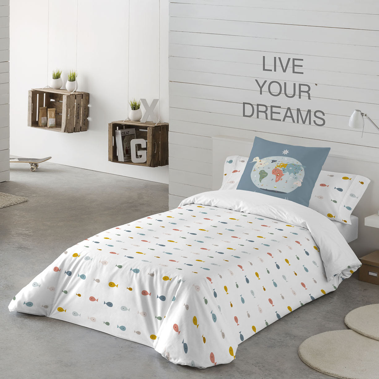 FUNDA NÓRDICA REVERSIBLE ESTAMPADA INFANTIL MAPAMUNDI 100% ALGODÓN