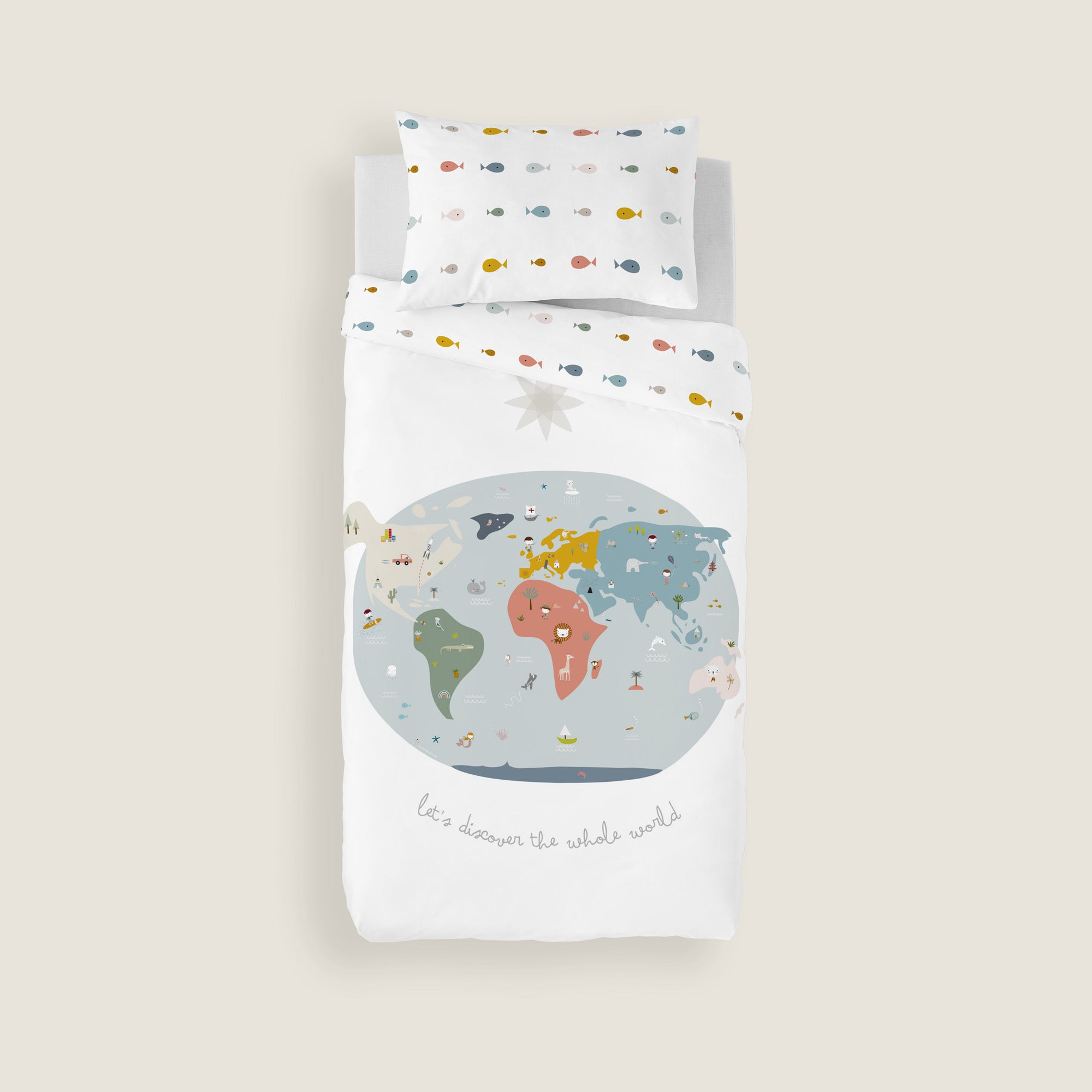 COPRIPIUMINO REVERSIBILE STAMPATO PER BAMBINI MAPPAMONDO 100% COTONE