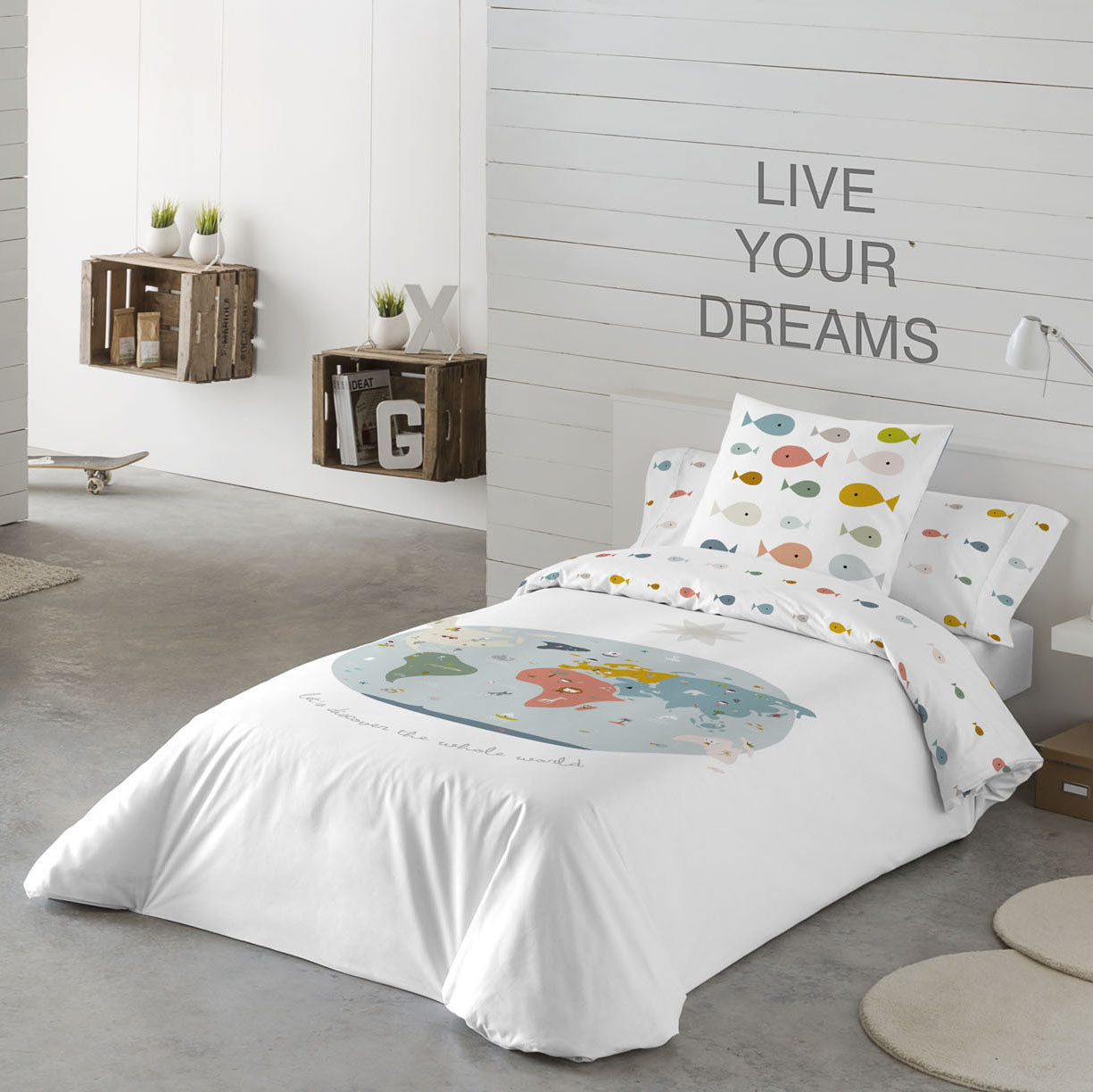 FUNDA NÓRDICA REVERSIBLE ESTAMPADA INFANTIL MAPAMUNDI 100% ALGODÓN