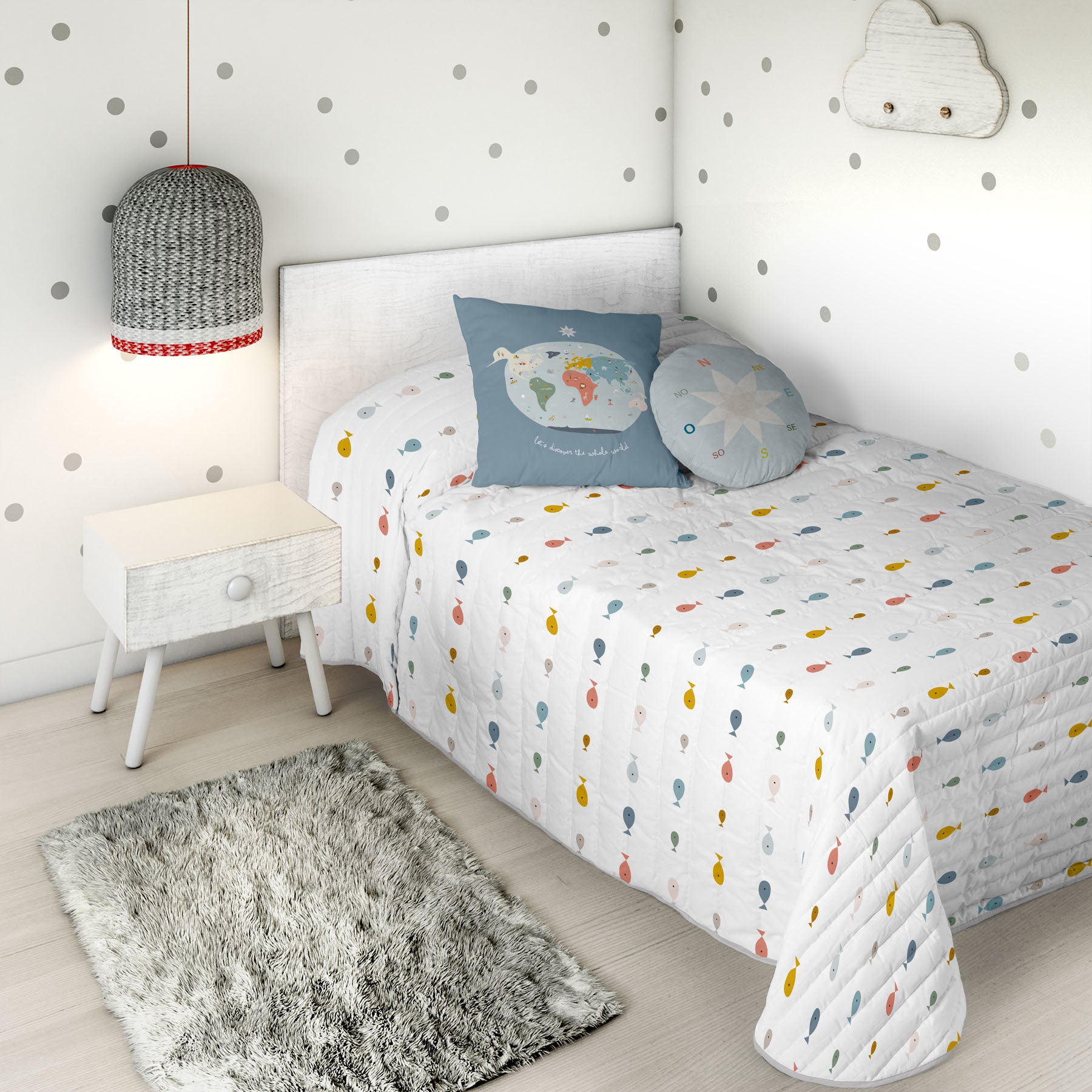 COLCHA BOUTI REVERSIBLE ESTAMPADA INFANTIL MAPAMUNDI 100% ALGODÓN