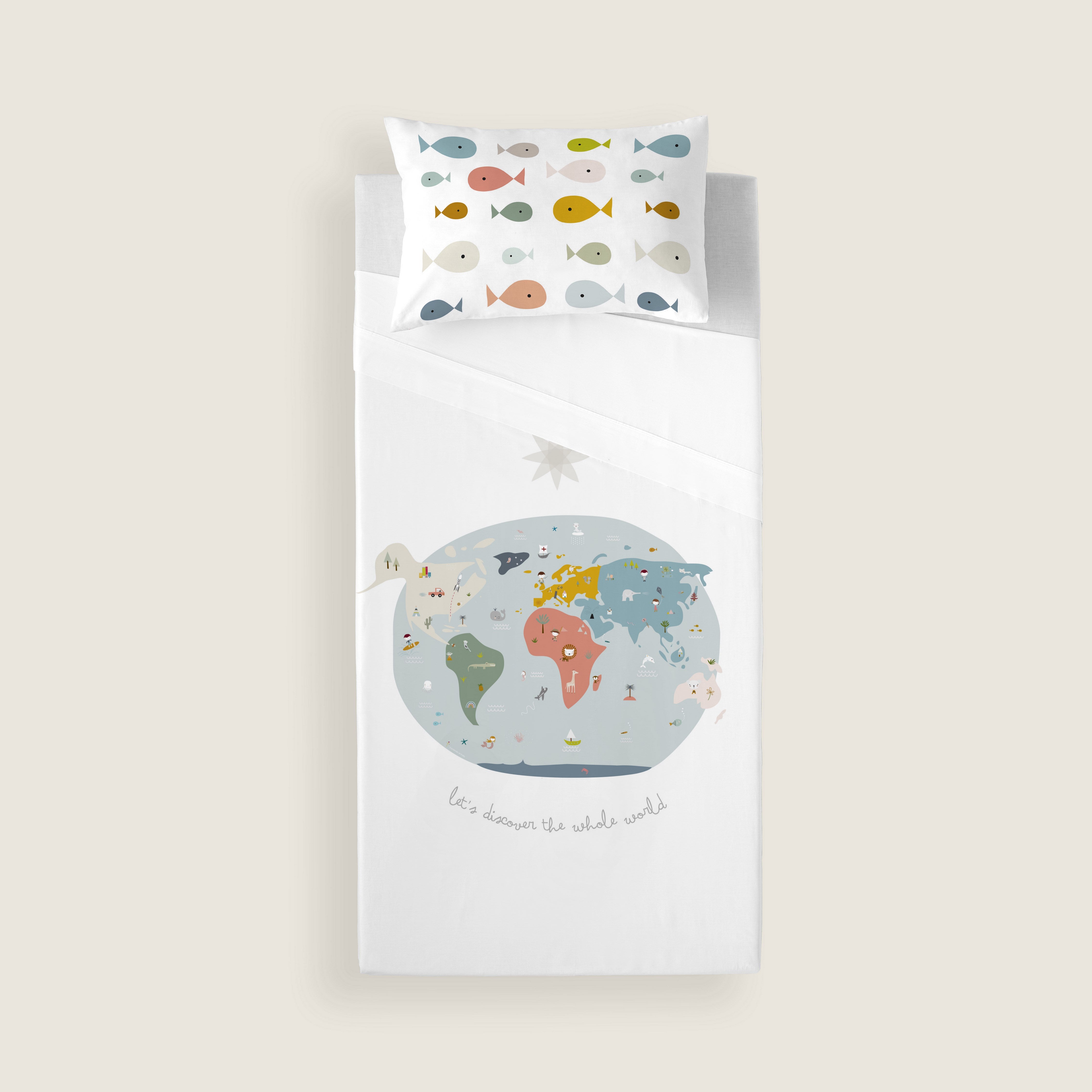 JUEGO DE SÁBANAS CUNA BEBÉ MAPAMUNDI 100% ALGODÓN