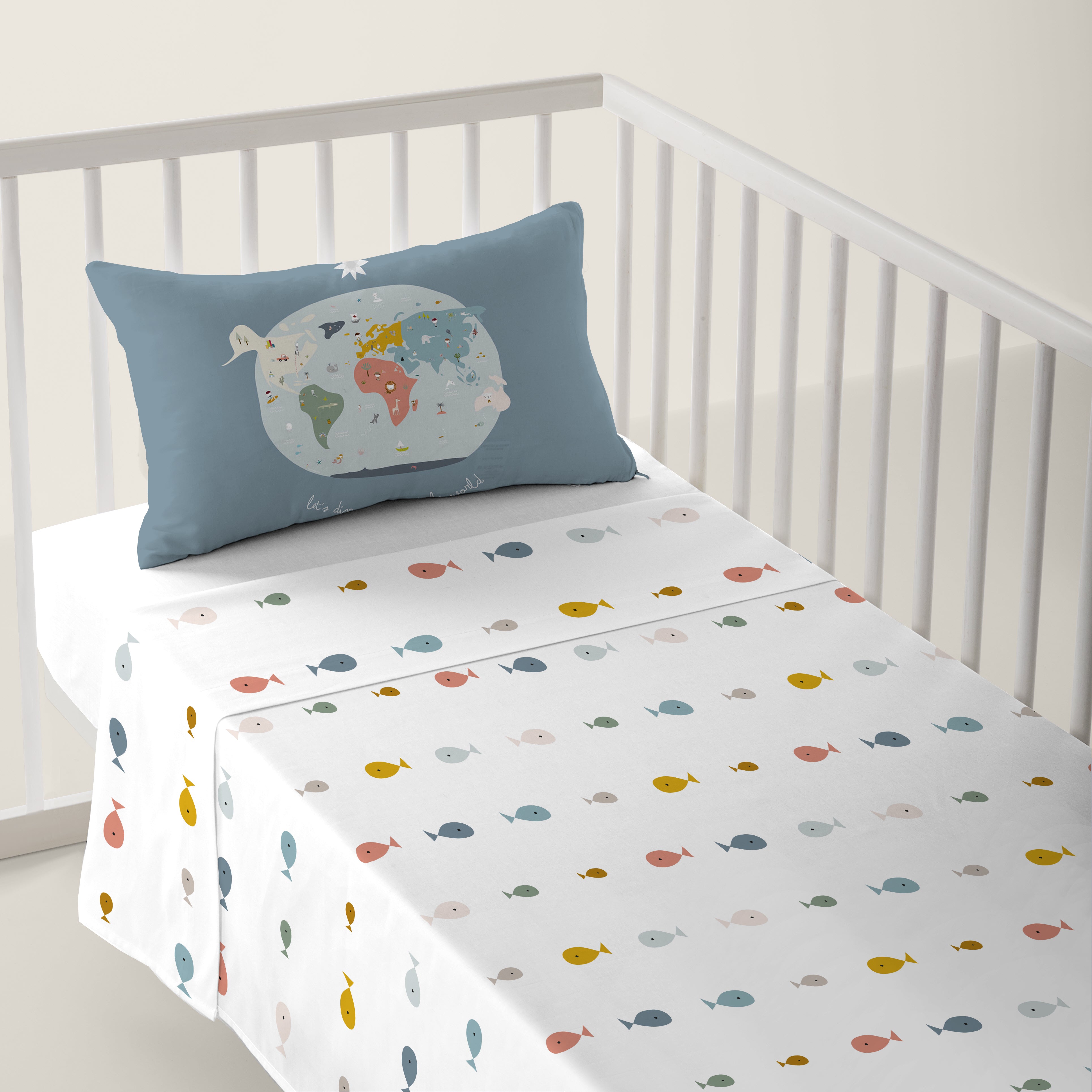 JUEGO DE SÁBANAS CUNA BEBÉ MAPAMUNDI COORD 100% ALGODÓN