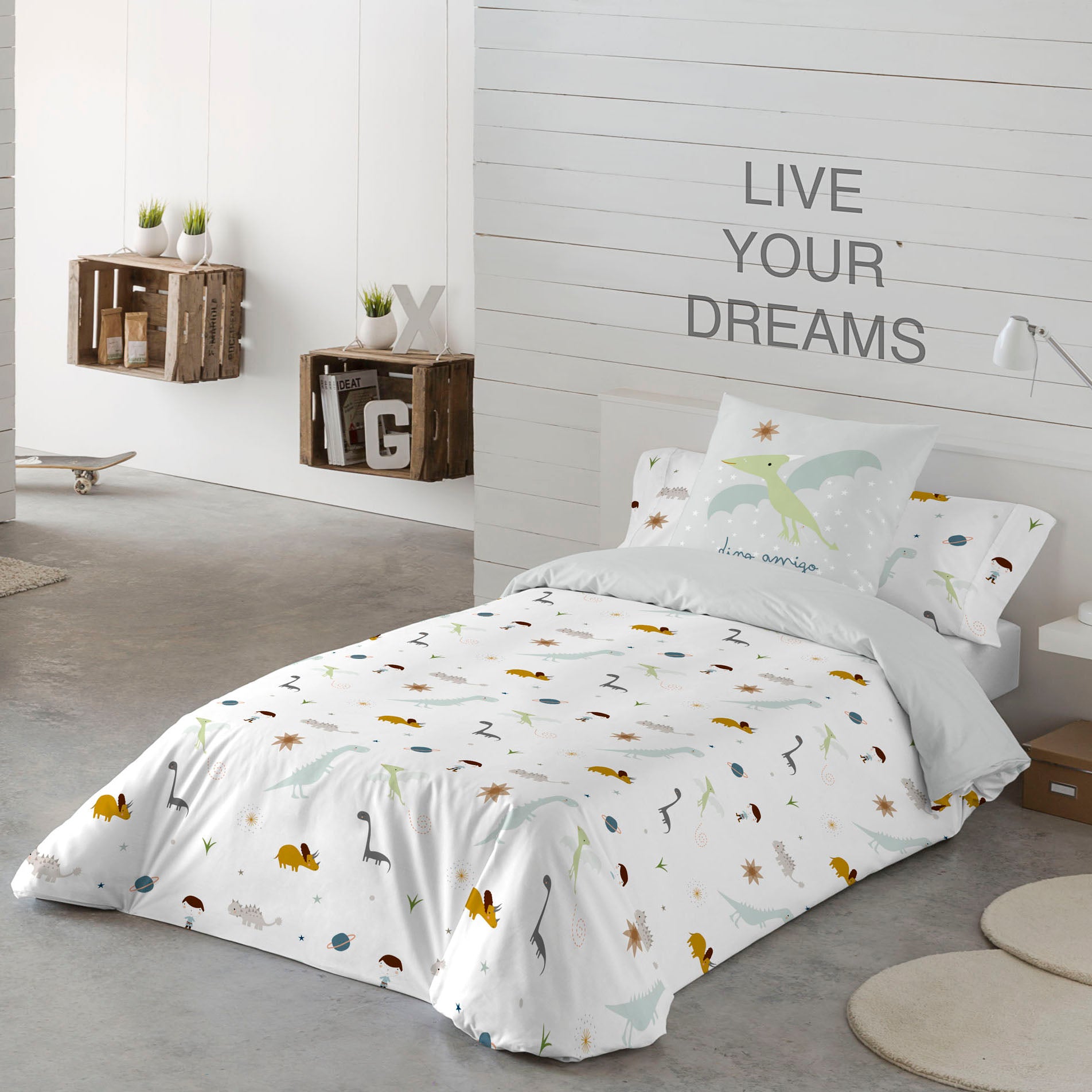 FUNDA NÓRDICA REVERSIBLE ESTAMPADA INFANTIL DINOS 100% ALGODÓN