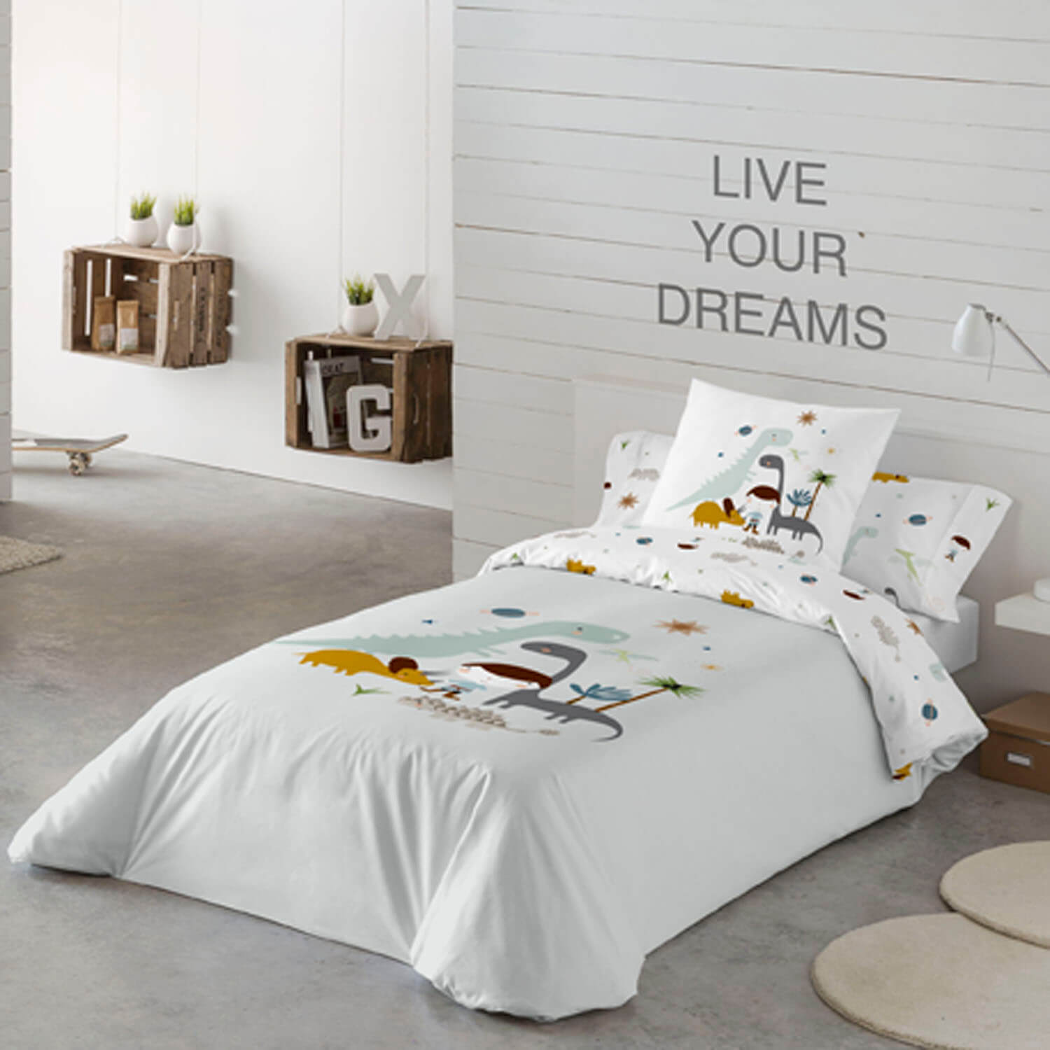 FUNDA NÓRDICA REVERSIBLE ESTAMPADA INFANTIL DINOS 100% ALGODÓN