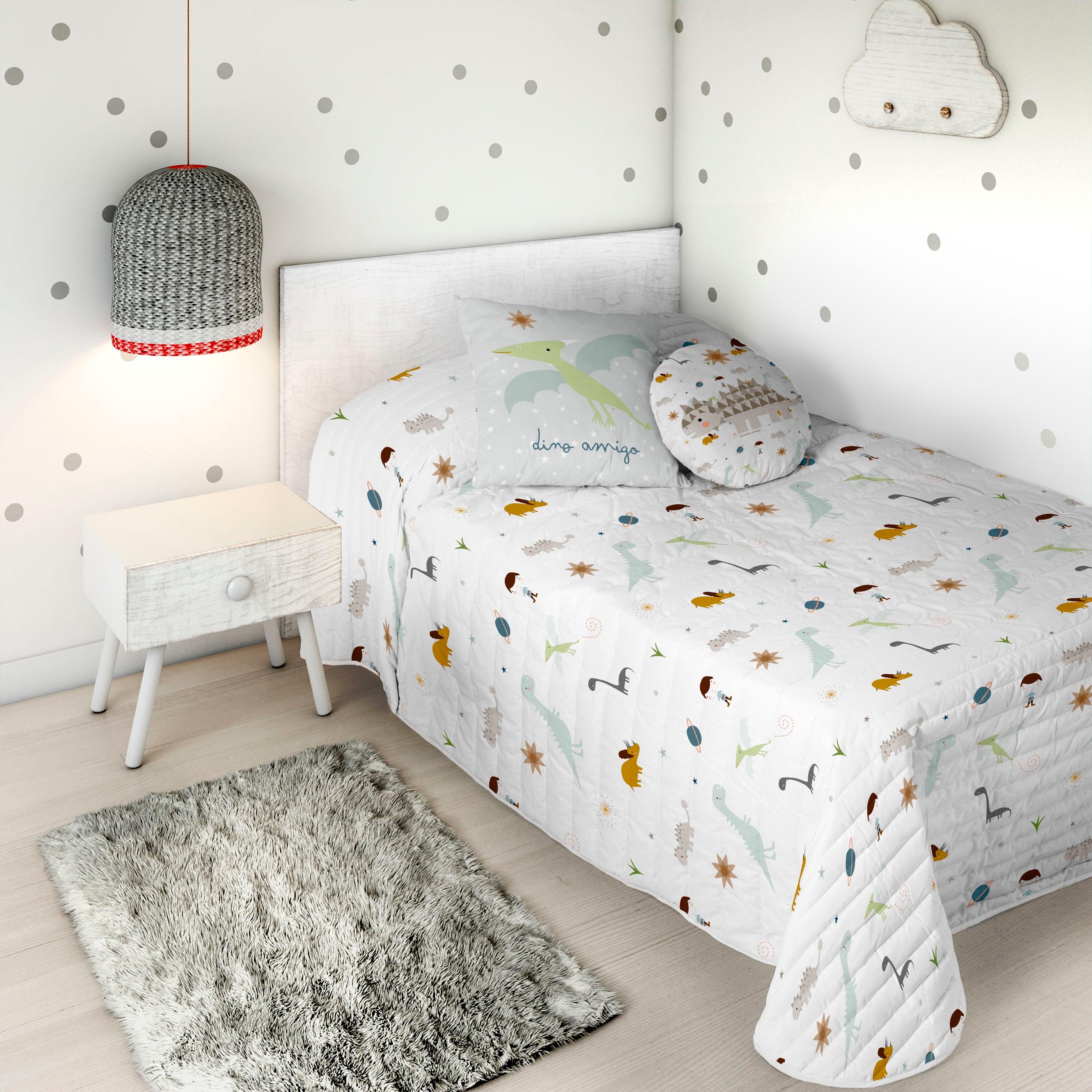 COLCHA BOUTI REVERSIBLE ESTAMPADA INFANTIL DINOS 100% ALGODÓN