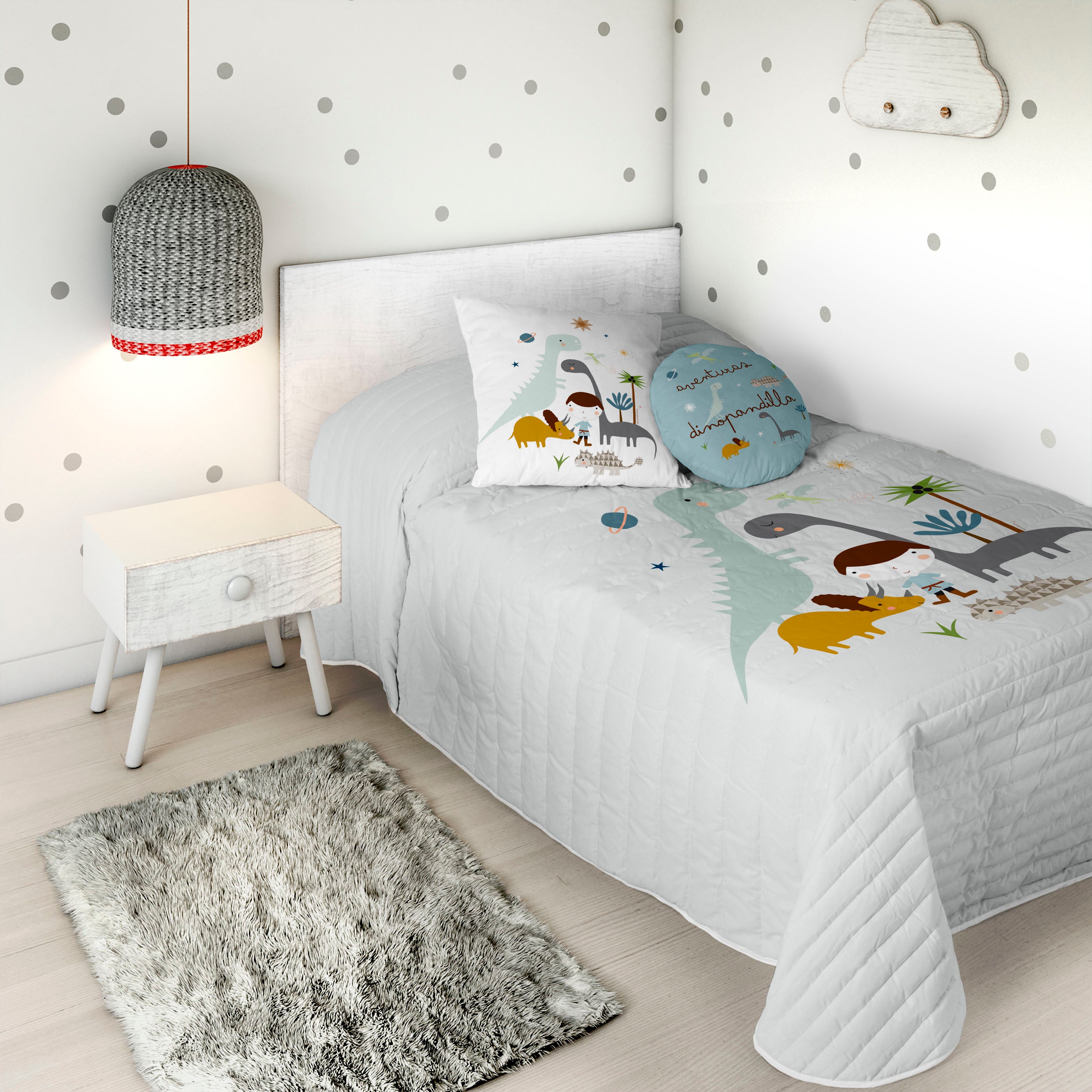 COLCHA BOUTI REVERSIBLE ESTAMPADA INFANTIL DINOS 100% ALGODÓN