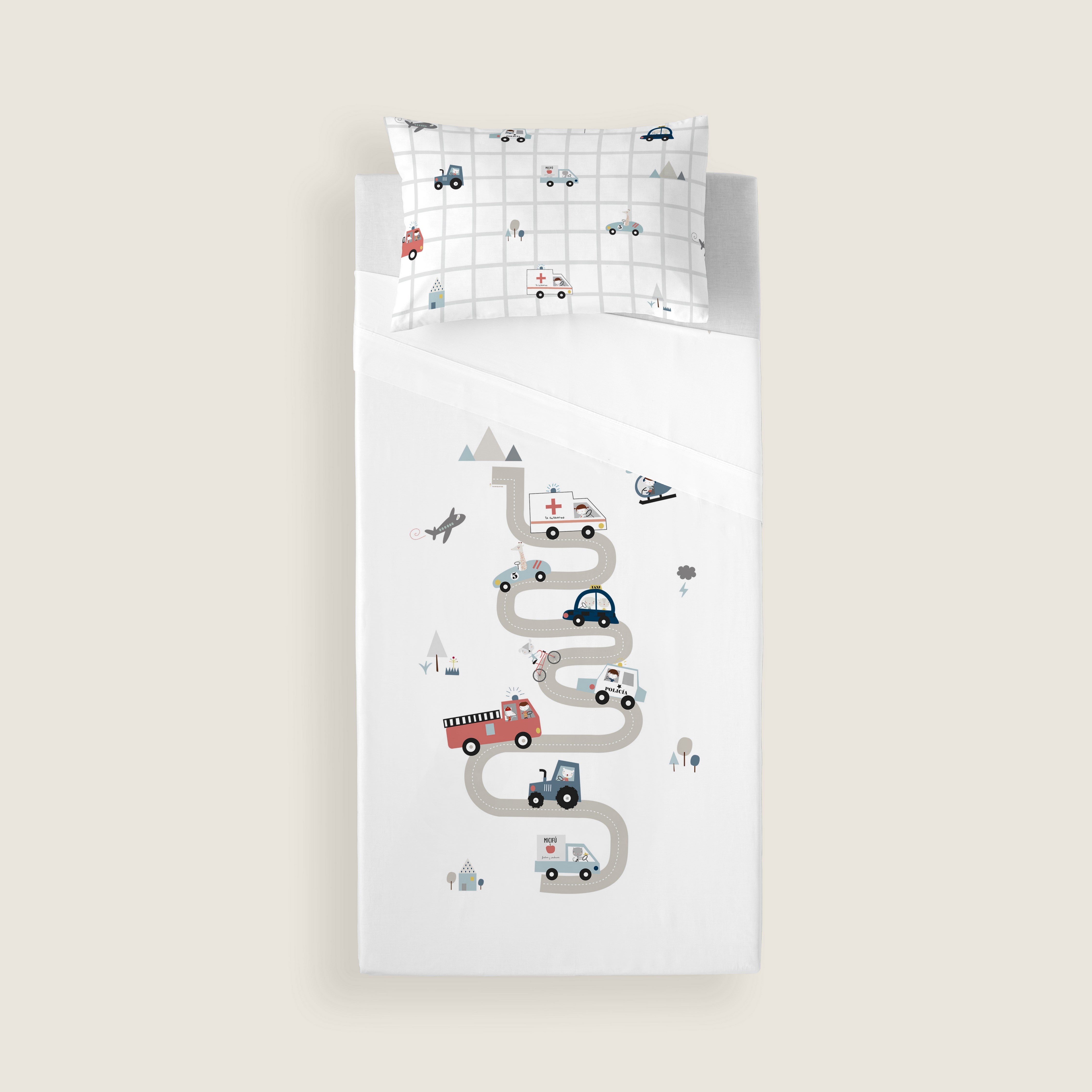 COMPLETO LENZUOLA STAMPATO PER BAMBINI TRASPORTI IN 100% COTONE