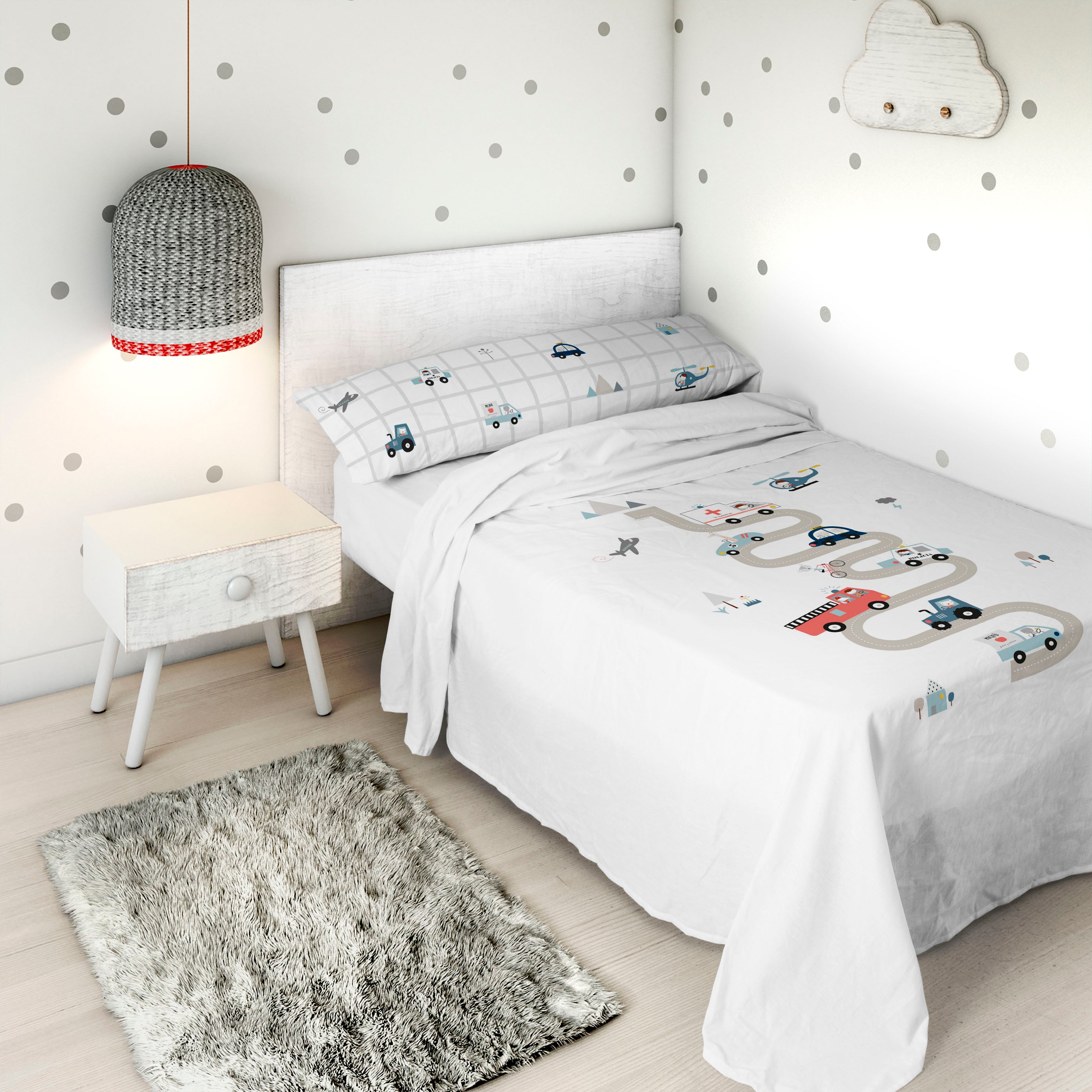 JUEGO SÁBANAS ESTAMPADAS INFANTIL TRANSPORTES A 100% ALGODÓN