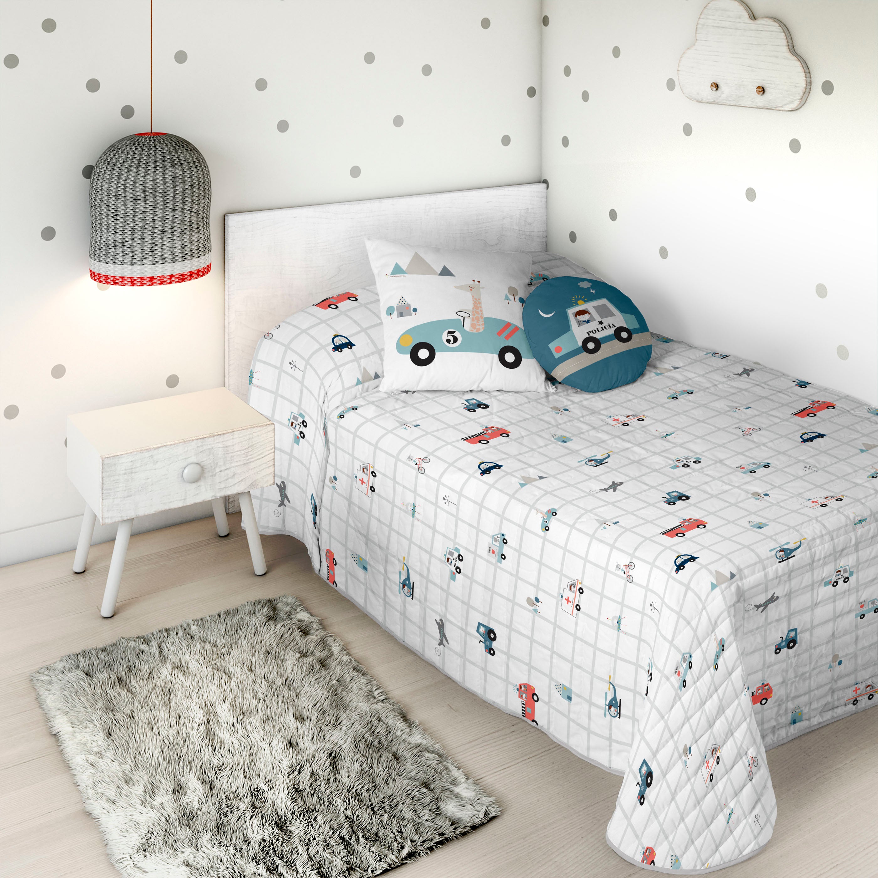 COPRILETTO BOUTIS REVERSIBILE STAMPATO PER BAMBINI TRASPORTI 100% COTONE