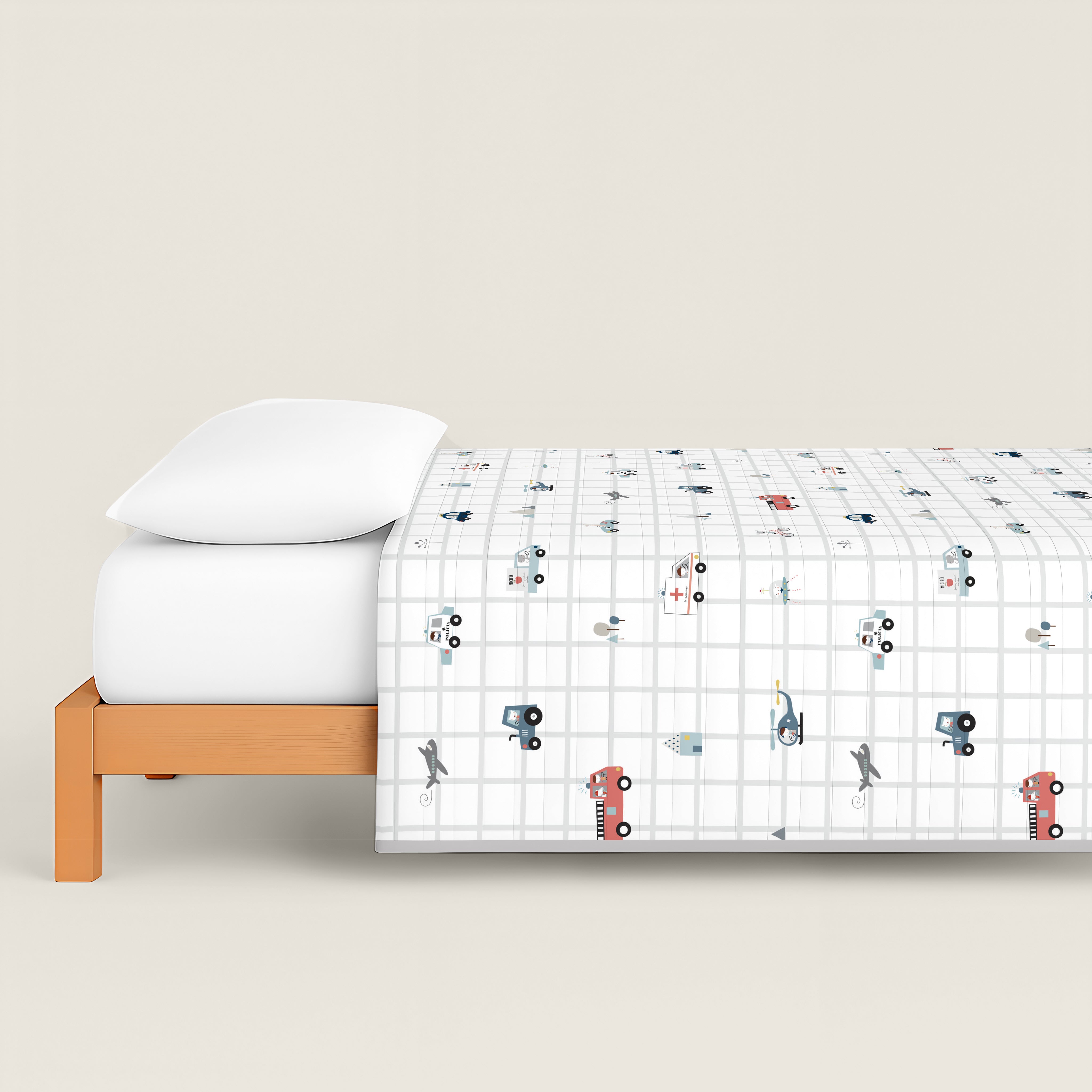 COPRILETTO BOUTIS REVERSIBILE STAMPATO PER BAMBINI TRASPORTI 100% COTONE