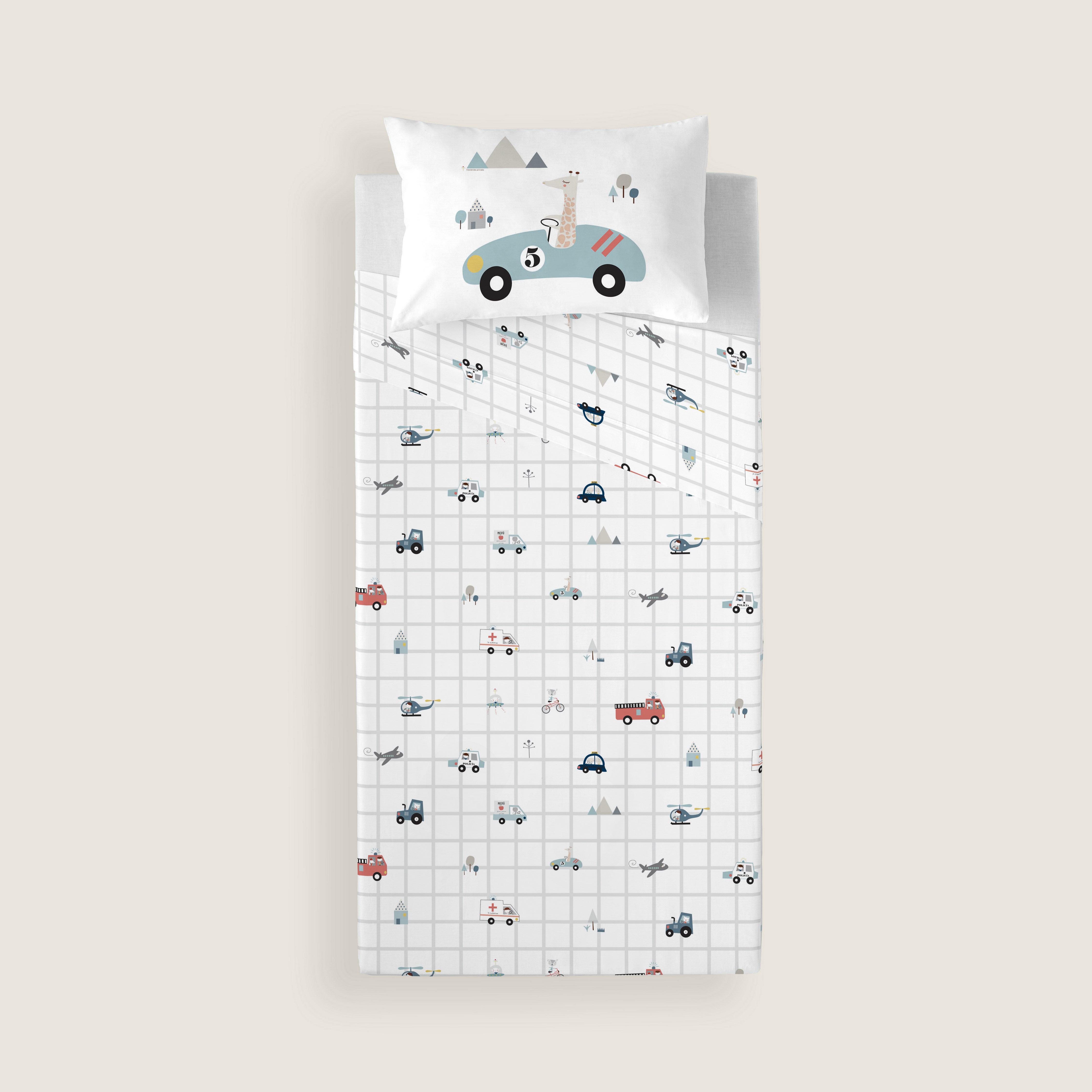 JUEGO DE SÁBANAS CUNA BEBÉ TRANSPORTES B 100% ALGODÓN