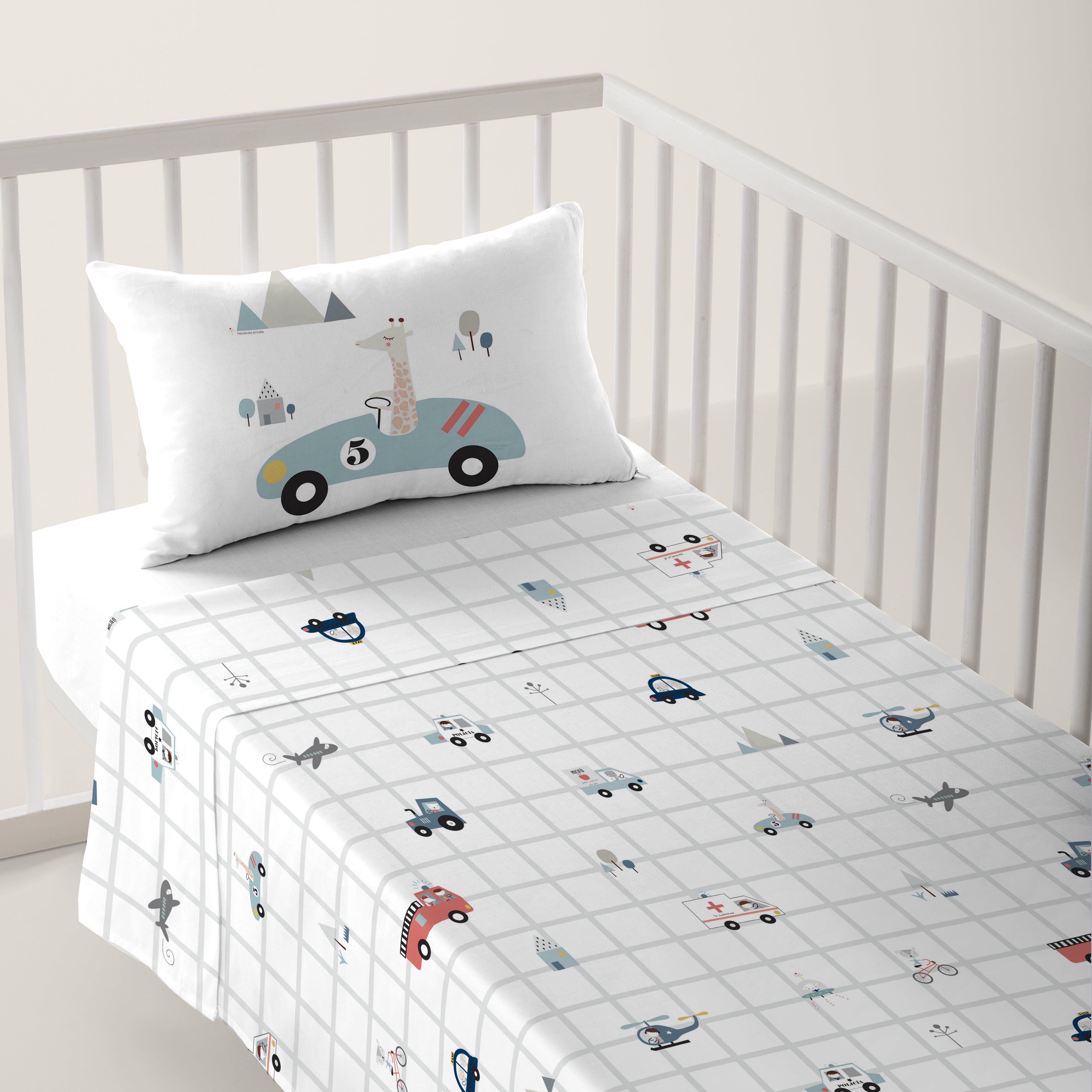 JUEGO DE SÁBANAS CUNA BEBÉ TRANSPORTES B 100% ALGODÓN
