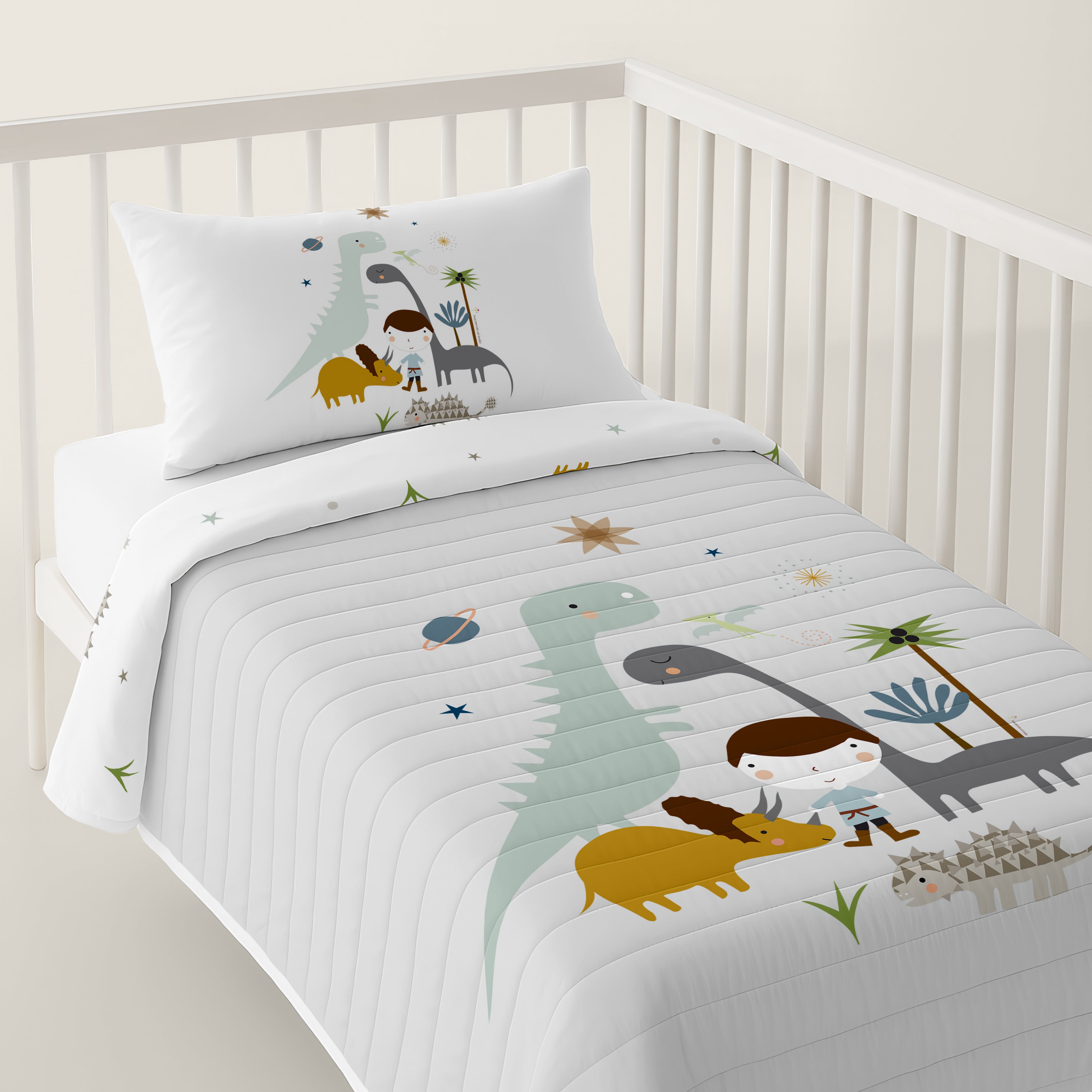 COLCHA BOUTI REVERSIBLE ESTAMPADA BEBÉ CUNA DINOS 100% ALGODÓN