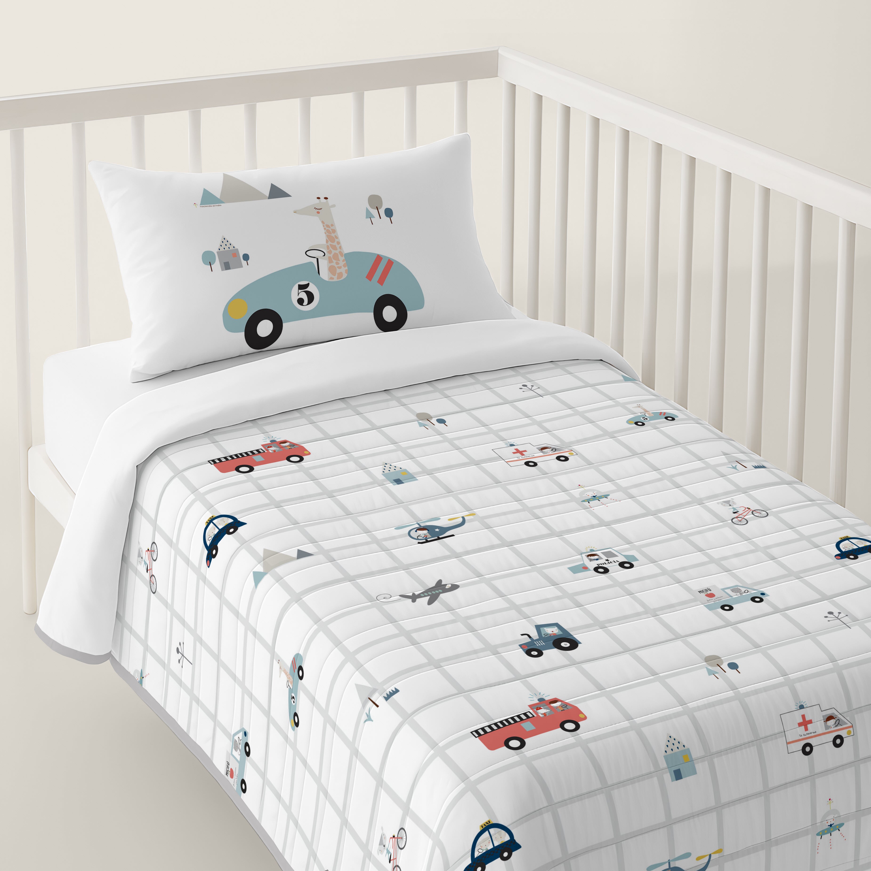 COLCHA BOUTI REVERSIBLE ESTAMPADA BEBÉ CUNA TRANSPORTES 100% ALGODÓN