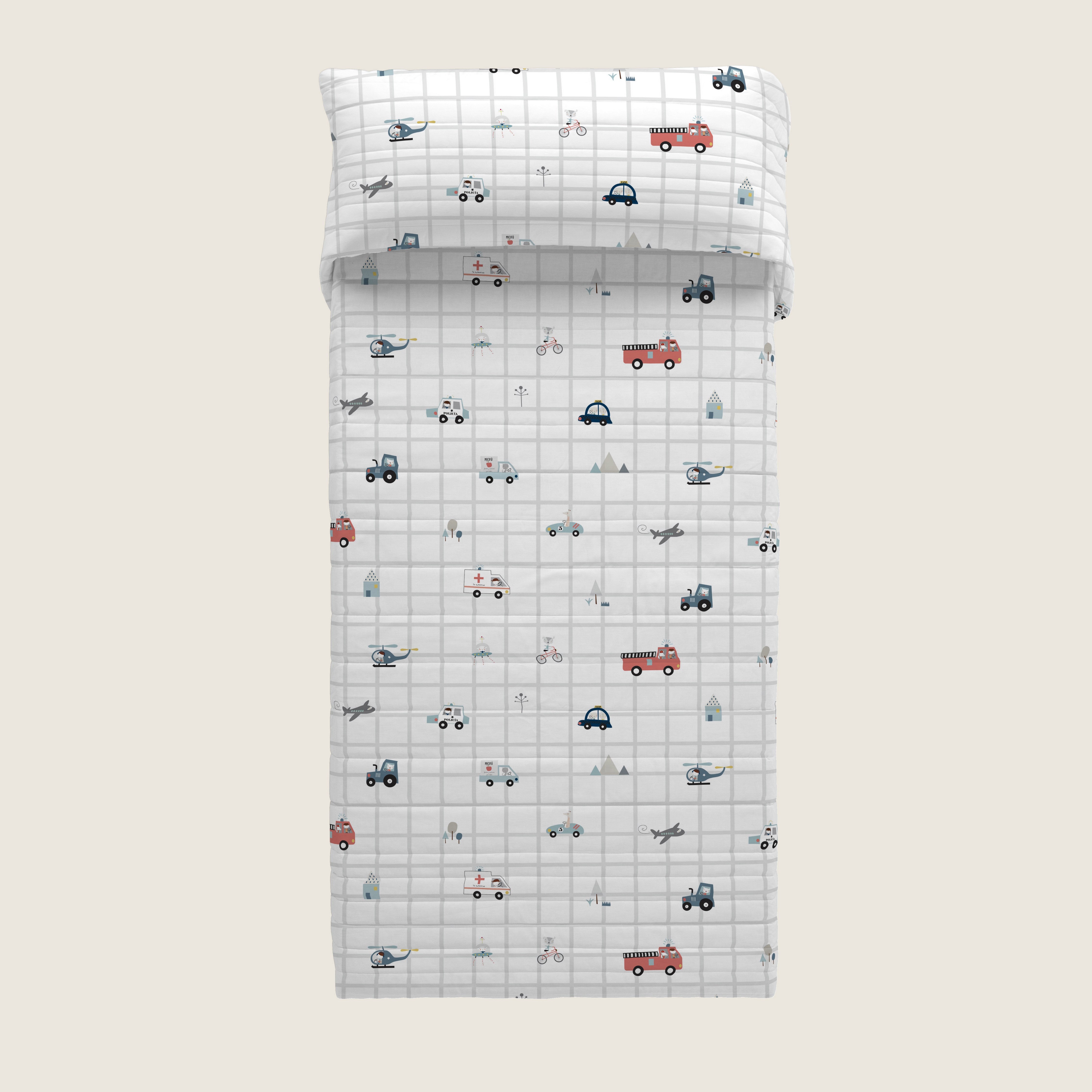 COLCHA BOUTI REVERSIBLE ESTAMPADA BEBÉ CUNA TRANSPORTES 100% ALGODÓN