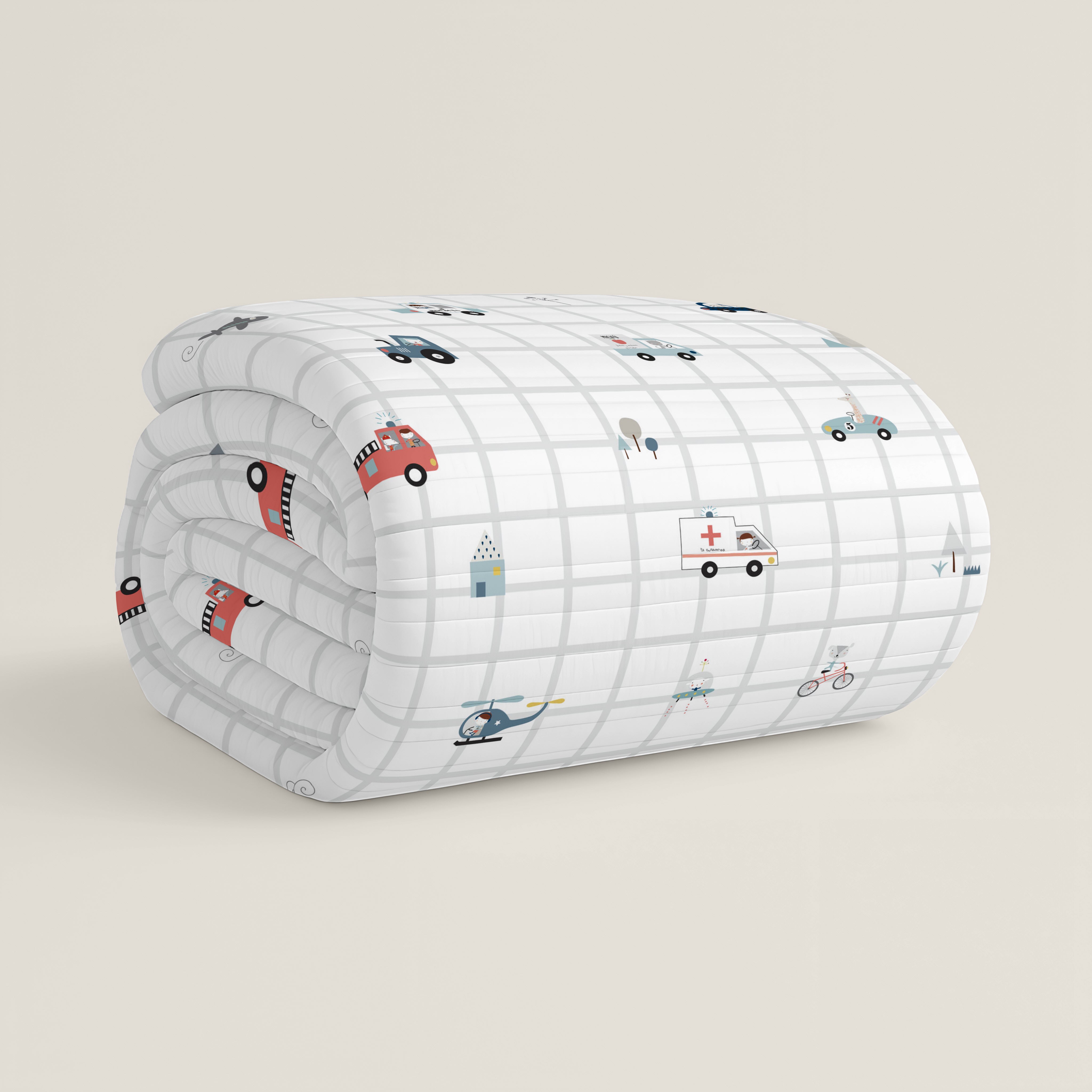 COLCHA BOUTI REVERSIBLE ESTAMPADA BEBÉ CUNA TRANSPORTES 100% ALGODÓN