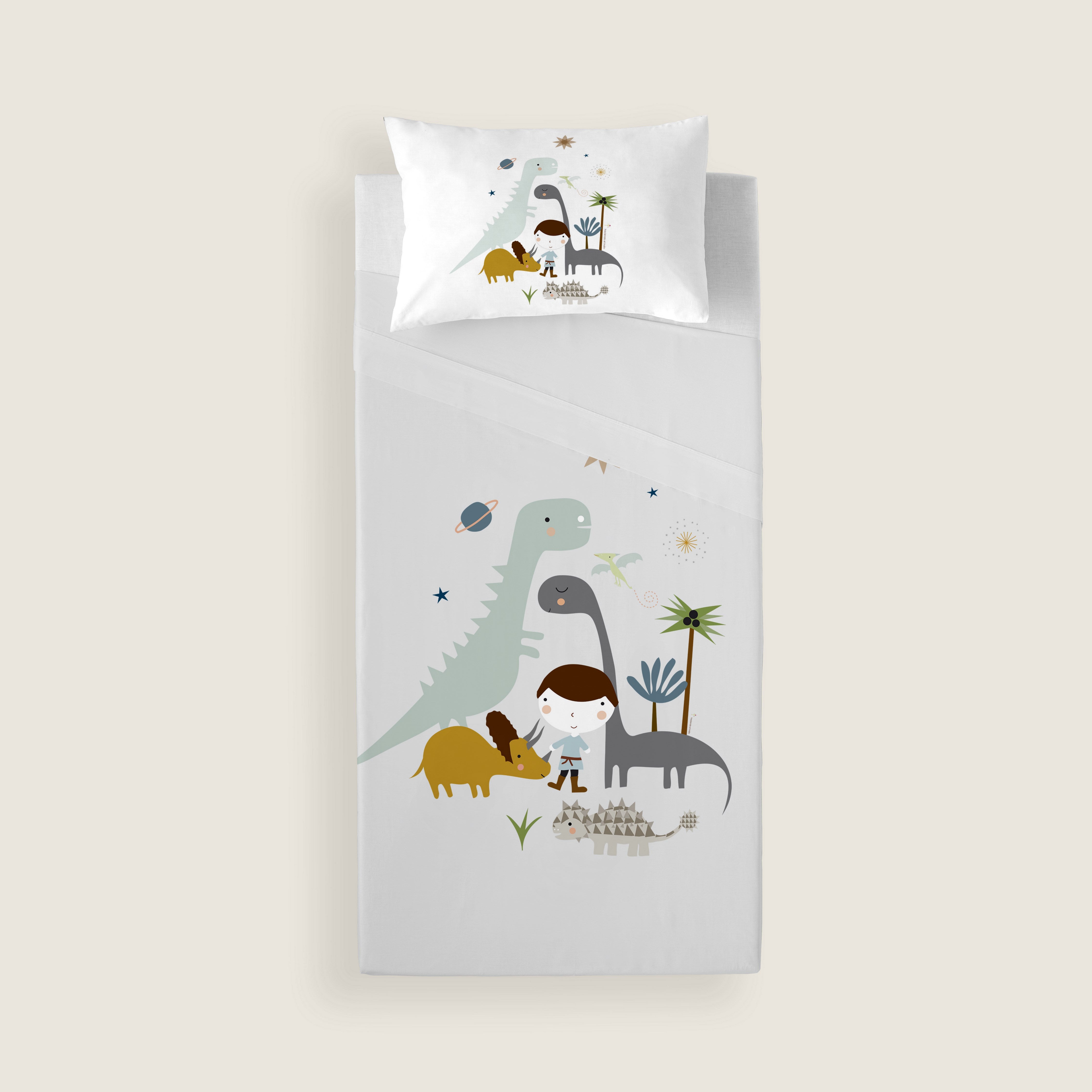 JUEGO DE SÁBANAS CUNA BEBÉ DINOS A 100% ALGODÓN