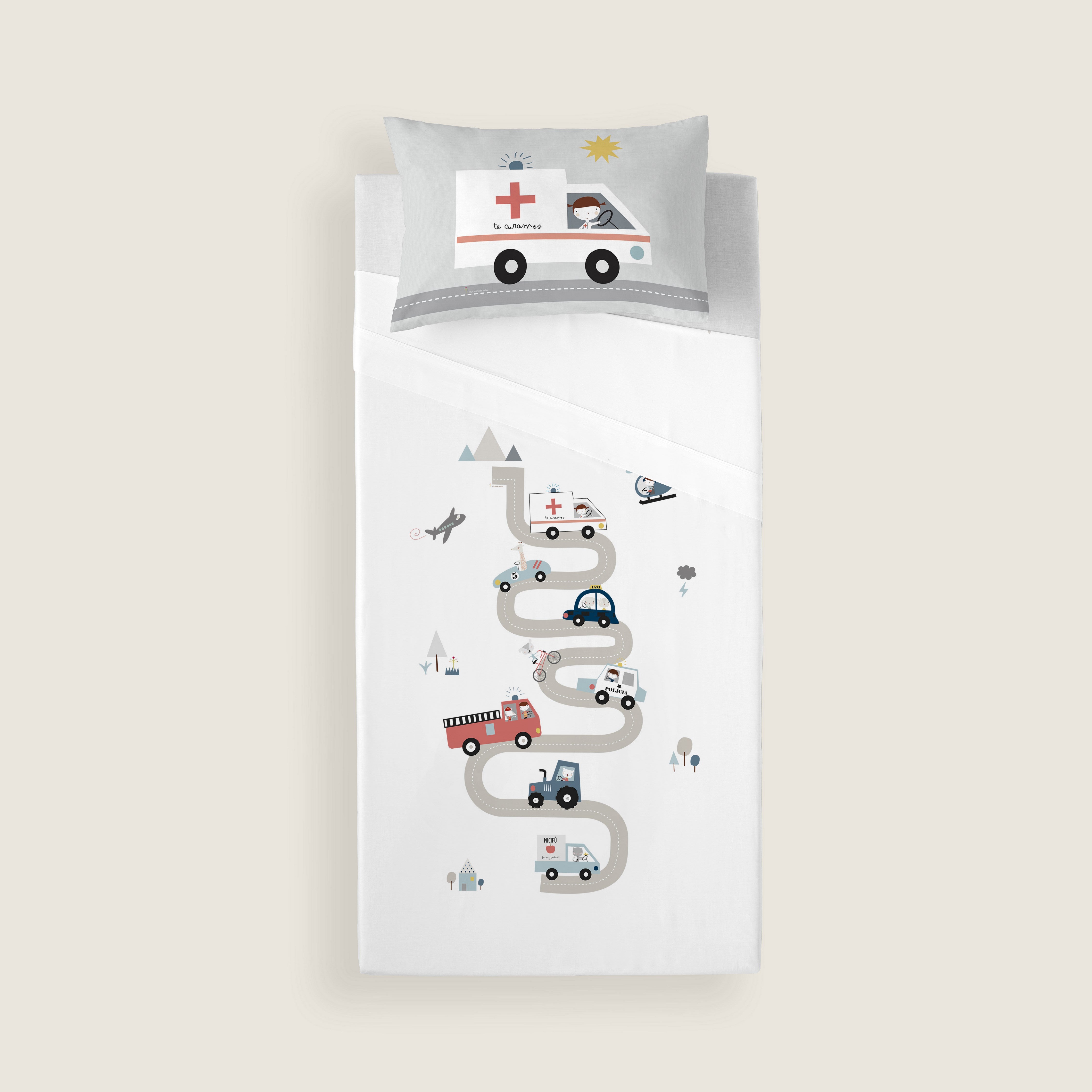 JUEGO DE SÁBANAS CUNA BEBÉ TRANSPORTES A 100% ALGODÓN