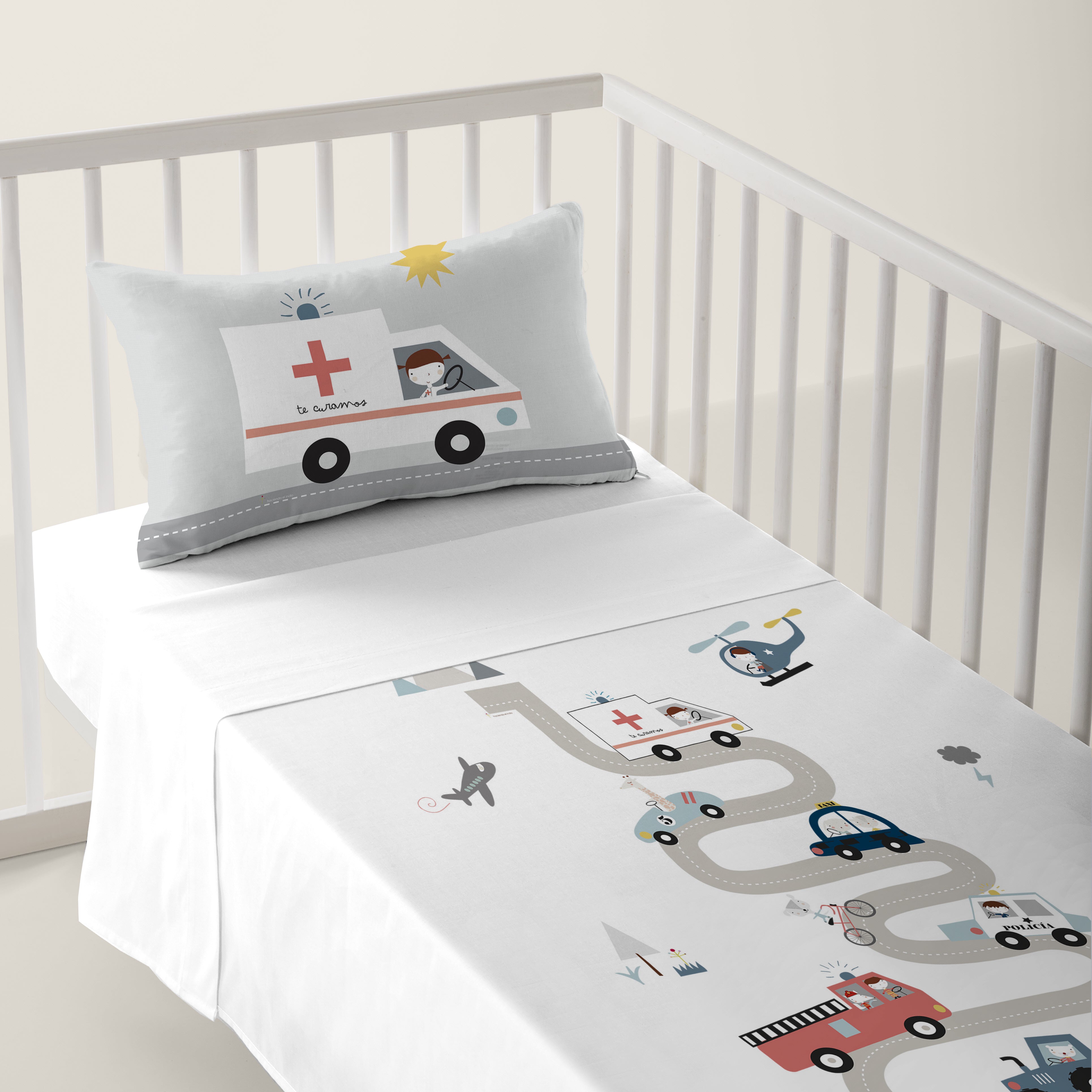 JUEGO DE SÁBANAS CUNA BEBÉ TRANSPORTES A 100% ALGODÓN