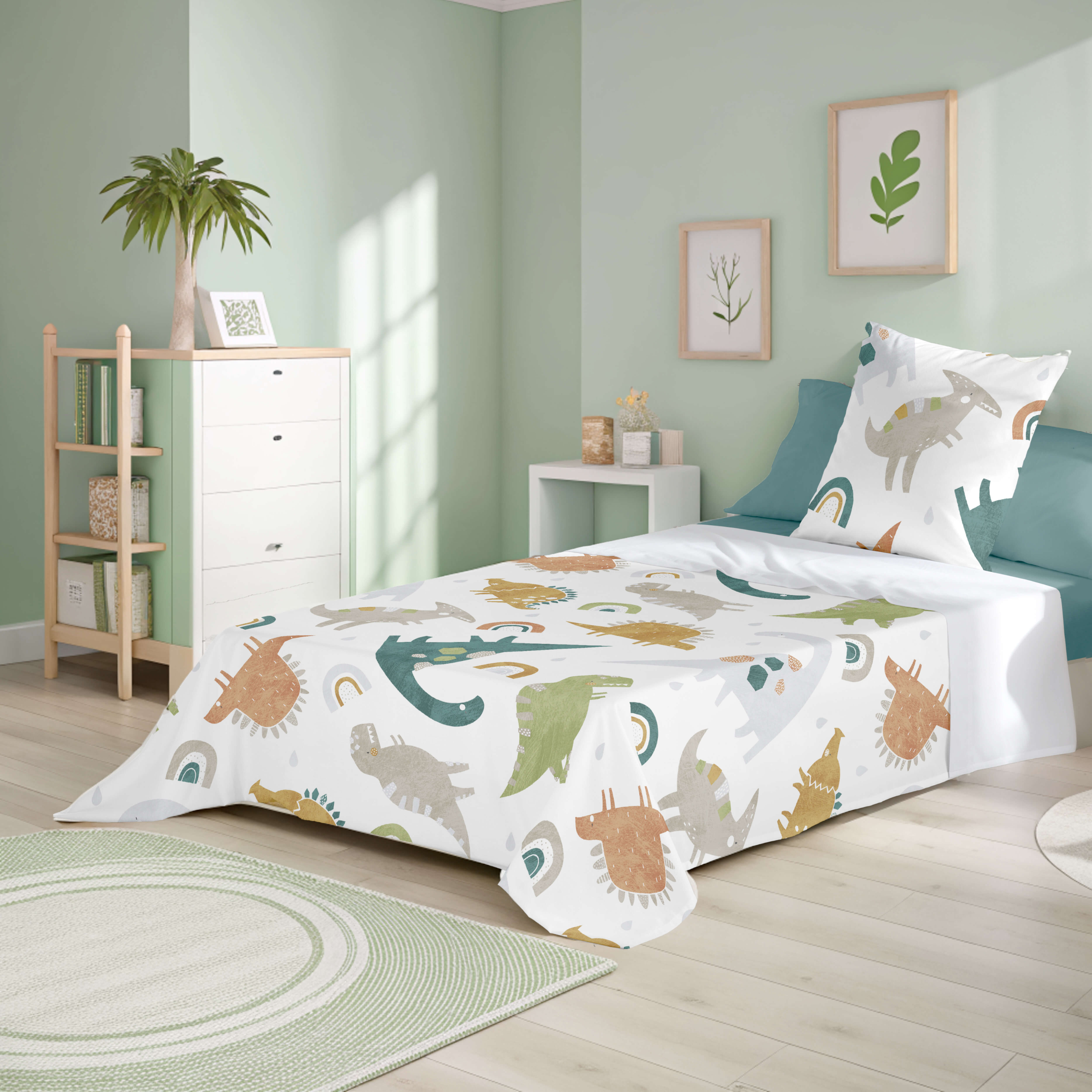 JUEGO SÁBANAS ESTAMPADAS INFANTIL SAURIO 100% ALGODÓN