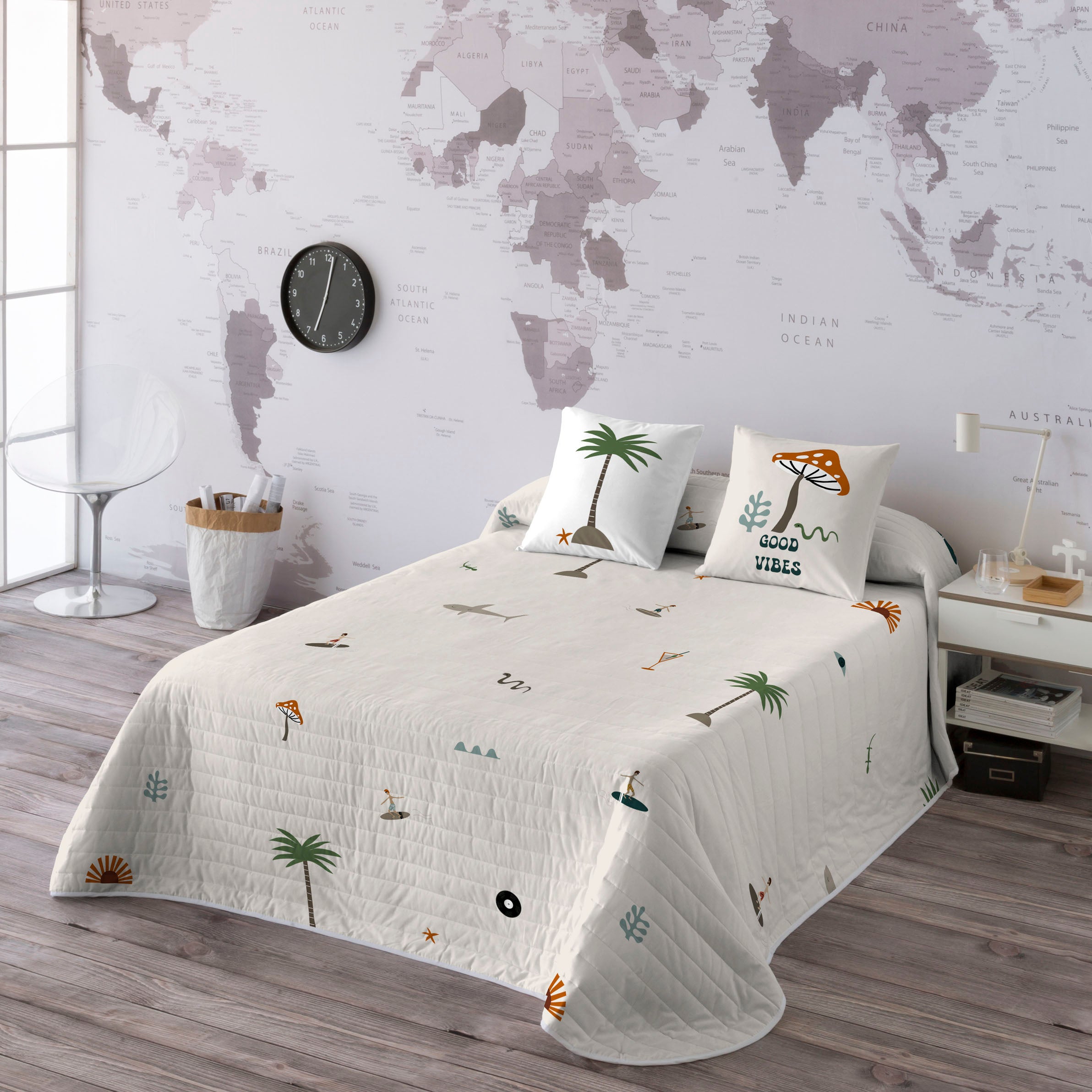 COLCHA BOUTI REVERSIBLE ESTAMPADA GOODVIBES 100% ALGODÓN