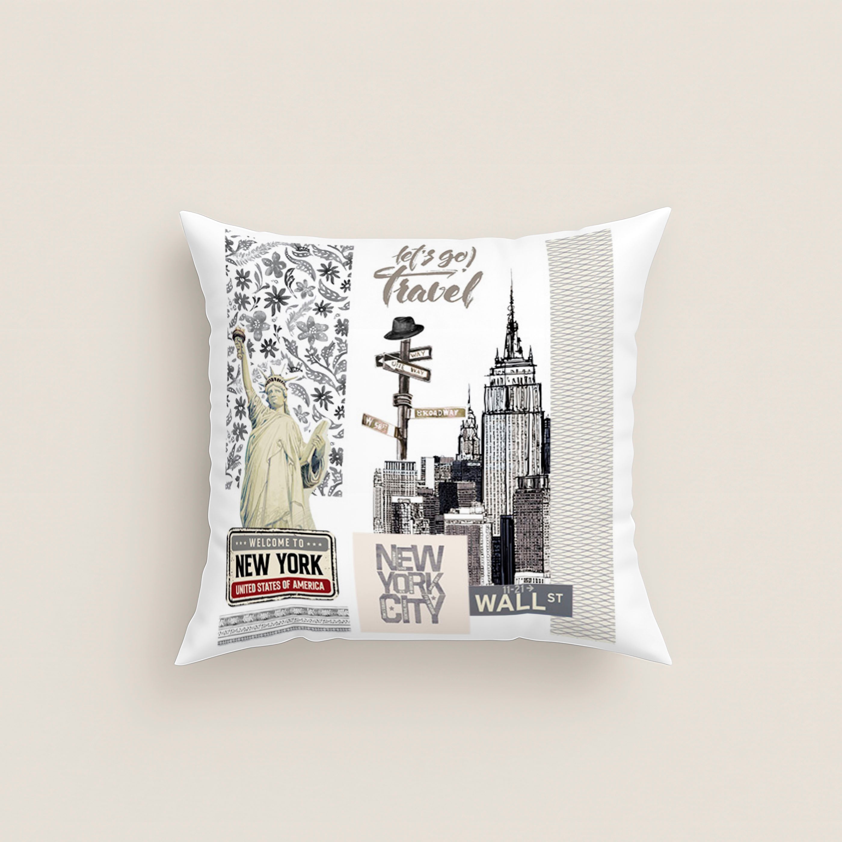 FUNDA DE COJÍN ESTAMPADO NY TRAVEL 100% ALGODÓN